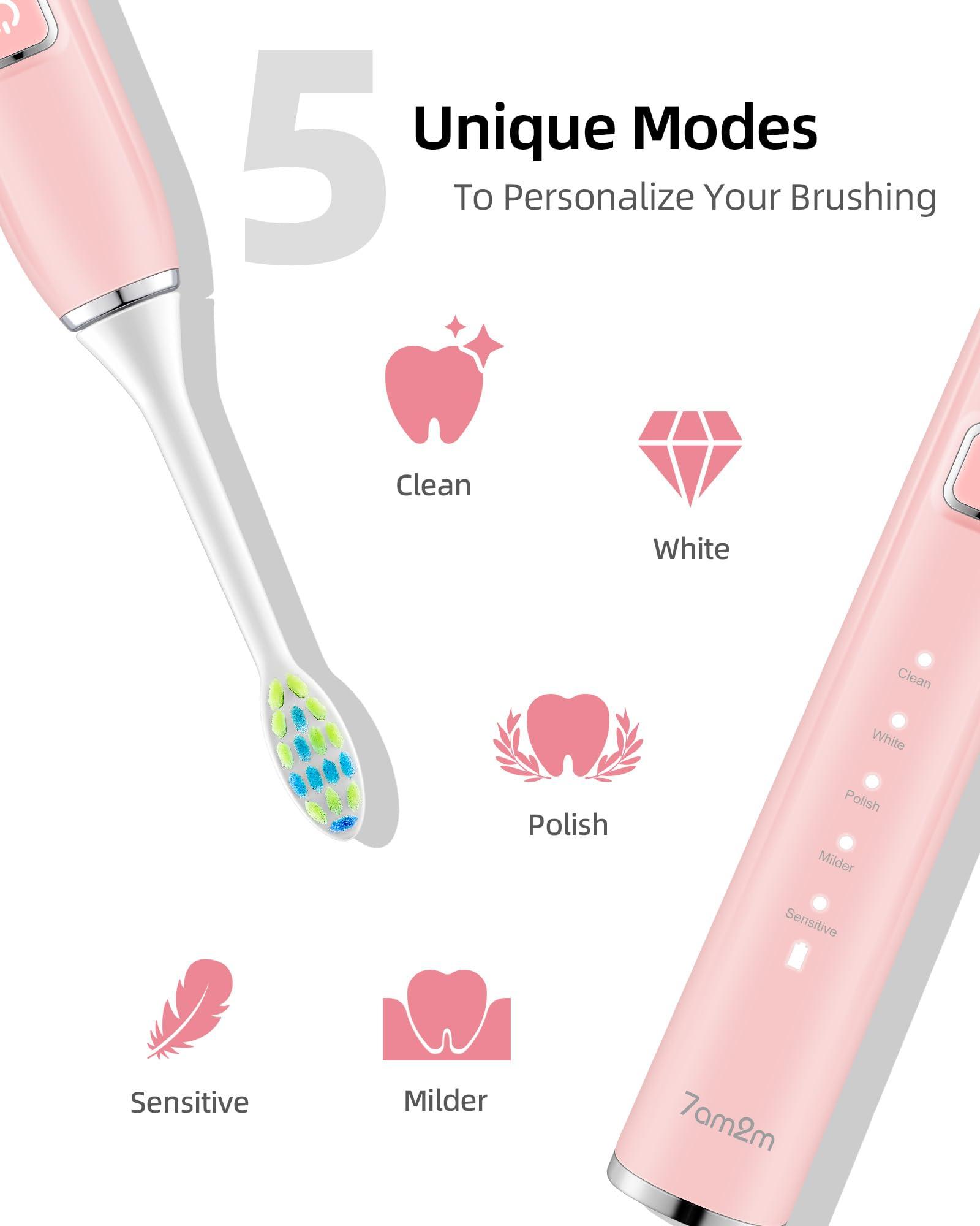 7AM2M Sonic Electric Toothbrush with 6 Brush Heads for Adults&Kids, One Charge for 120 Days, Wireless Fast Charge, 5 Modes, 40000VPM Powered Toothbrush, 2 Minutes Built in Smart Timer (Rose Pink) - Image 3