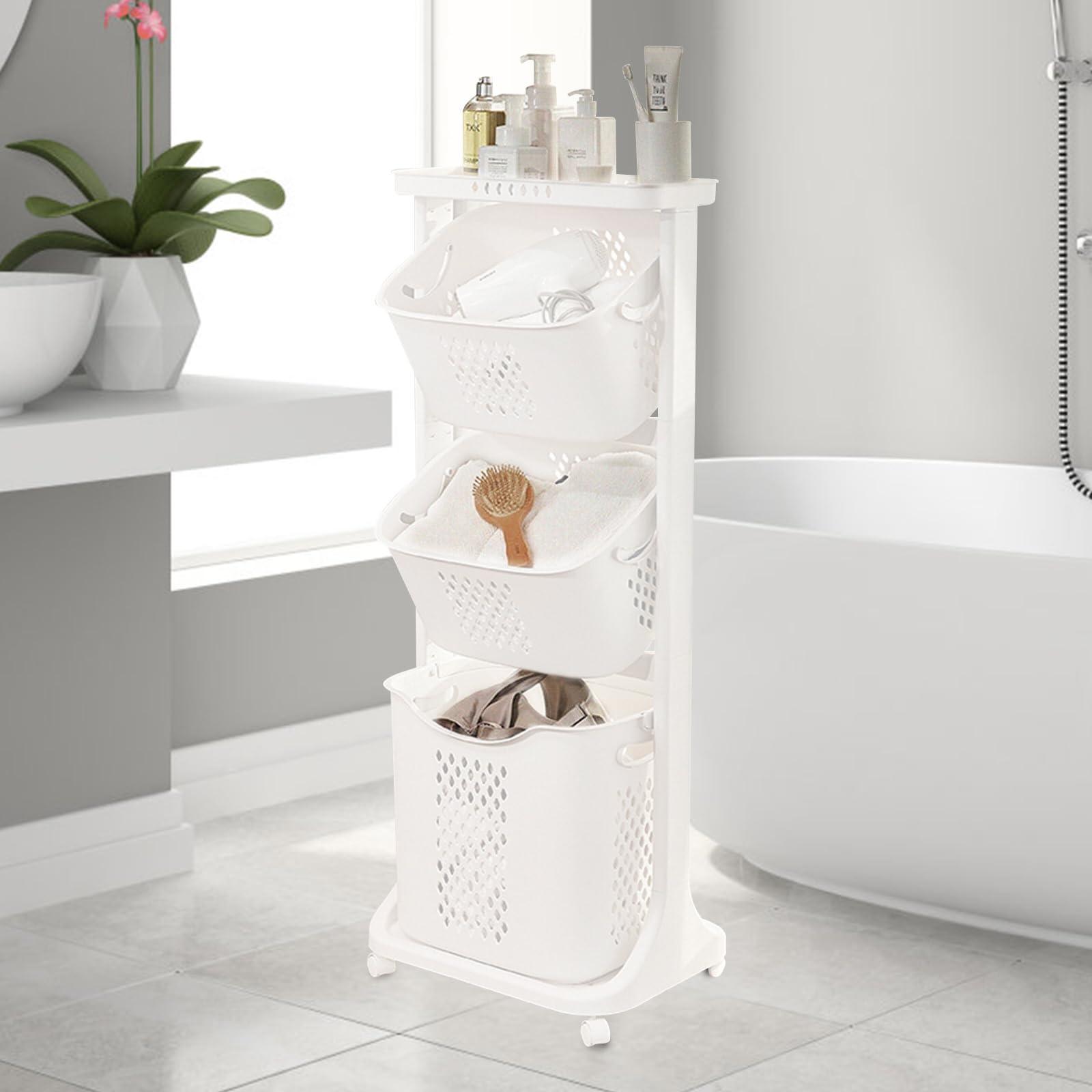 BAOKALER Rolling Laundry Hamper Cart with Wheels, 3 Tier White Laundry Baskets, Clothes Hamper with Portable Storage Baskets for Kitchens, Bathrooms, Bedrooms, Classrooms, Laundry Rooms - Image 2