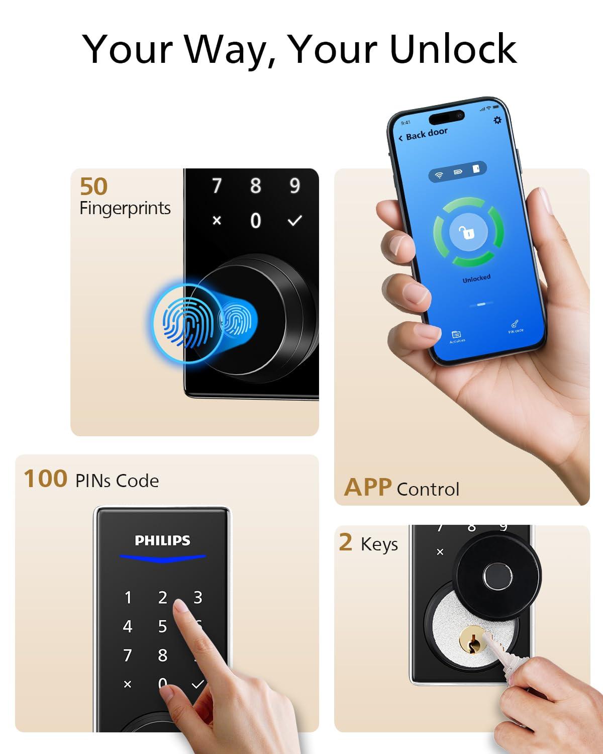 Philips Fingerprint Keyless Entry Door Lock with App Control, Front Door Smart Lock Deadbolt, 9Months Battery, IP53 Waterproof, BHMA Grade 3-Satin Nickel - Image 2