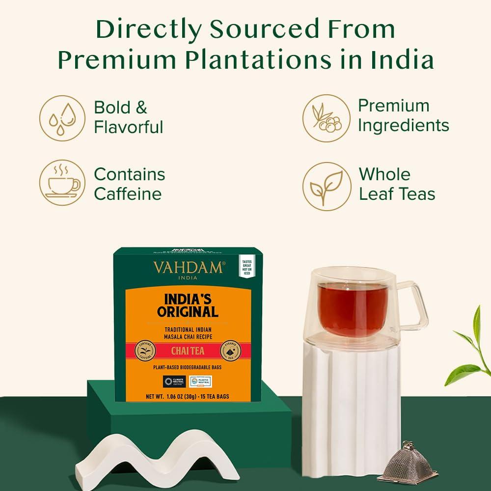 VAHDAM, India's Original Masala Chai Tea Bags (15 Count) Non GMO, Gluten Free, No Added Flavoring | Blended w/Savory Exotic Spices | Individually Wrapped Pyramid Tea Bags | Direct from Source - Image 5