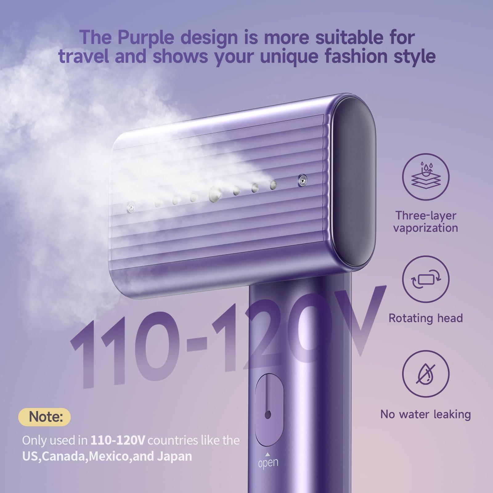 Travel Portable Steamer for clothes - Handheld Steamer for Fabric Clothing Wrinkles, 15s Fast Heat-up Rotary Garment Steamer, 1200W Light Mini Steam Iron for Home, Office and Travel (Purple) - Image 2