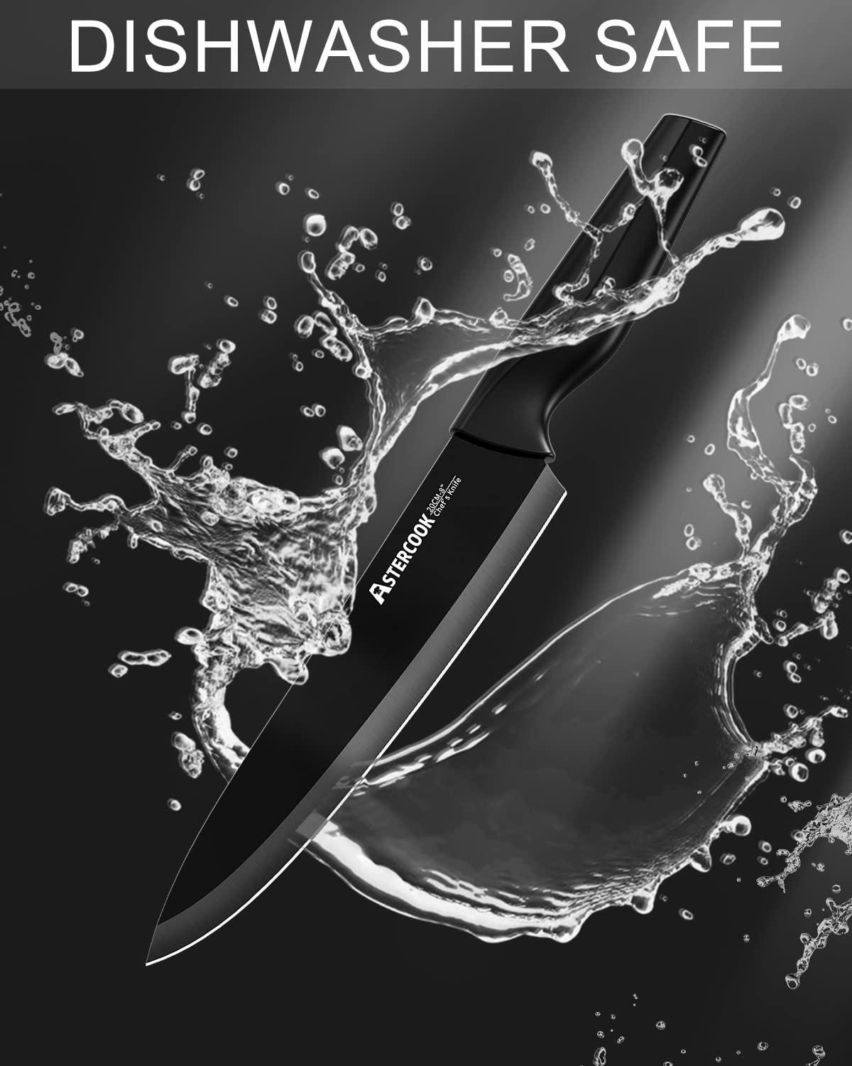 Astercook Knife Set, Kitchen Knife Set with Built-in Sharpener Block, Dishwasher Safe, 15 Pieces German Stainless Steel Knife Block Set, Black - Image 7