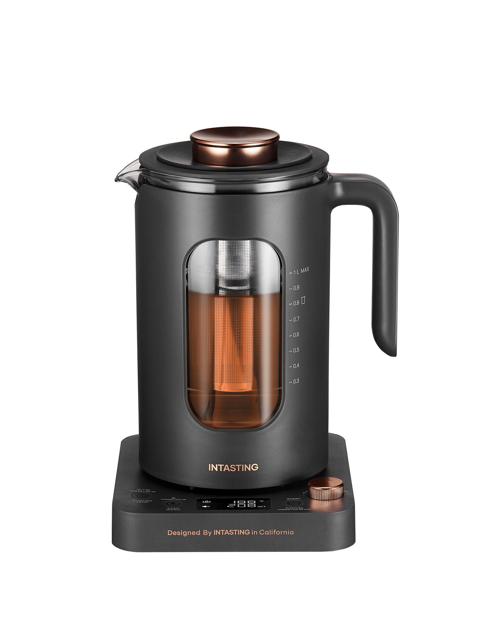 Electric Tea Kettle, INTASTING Glass Electric Kettle with tea Infuser and Precise knob temperature control, 1200W Fast Heating, BPA-Free, Easy to Clean, for Tea and coffee, 1 Liter (Dark Gray)