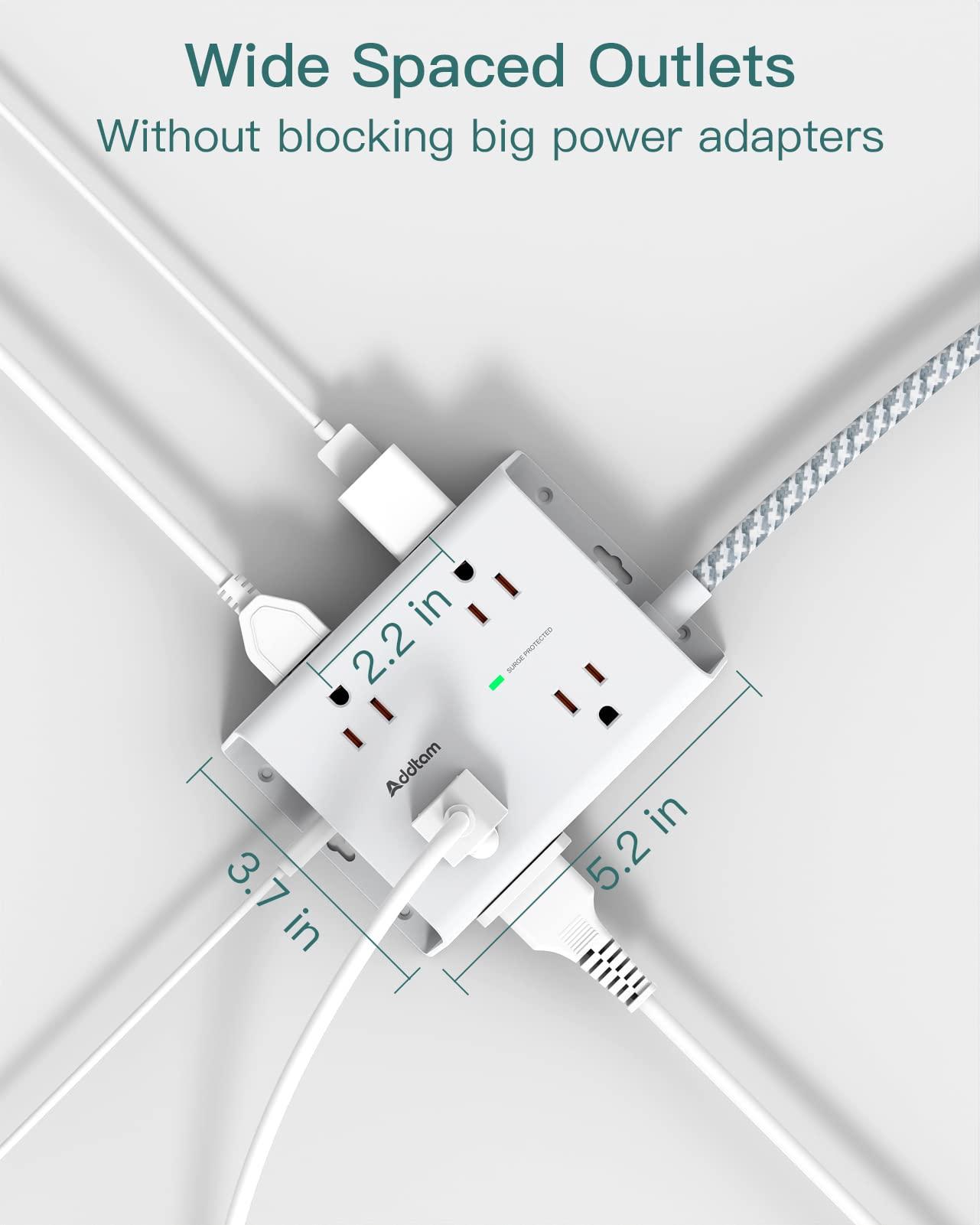 Surge Protector Power Strip - 8 Widely Outlets with 4 USB Ports(1 USB C Outlet), Addtam 3-Side Outlet Extender Strip with 5Ft Extension Cord, Flat Plug, Wall Mount for Dorm Home Office, ETL Listed - Image 3