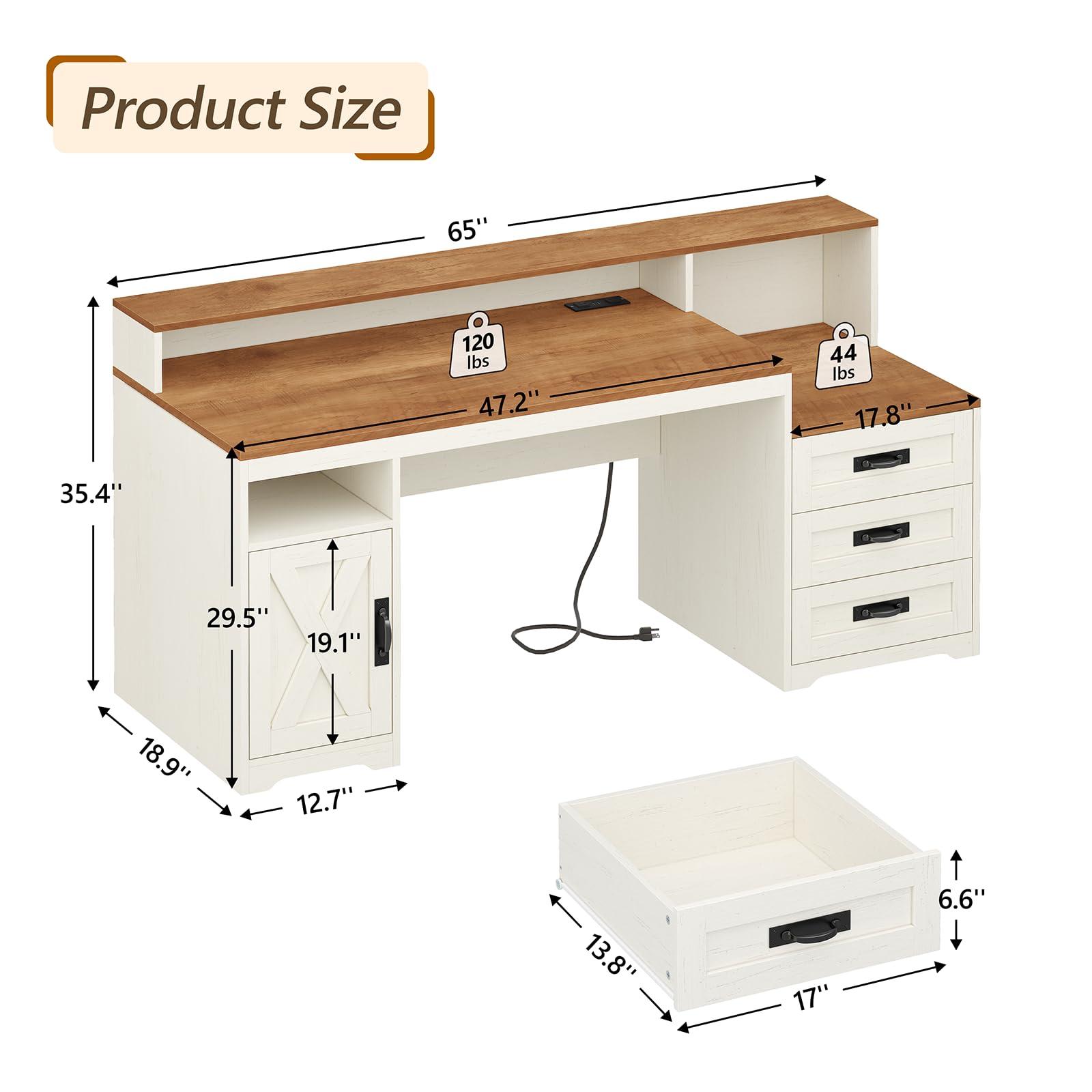 TVU Farmhouse Computer Desk with Drawers, 65'' Home Office Desk with Power Outlets, Storage Cabinet and Printer Stand, Study Writing Desks with Long Monitor Stand, White - Image 2