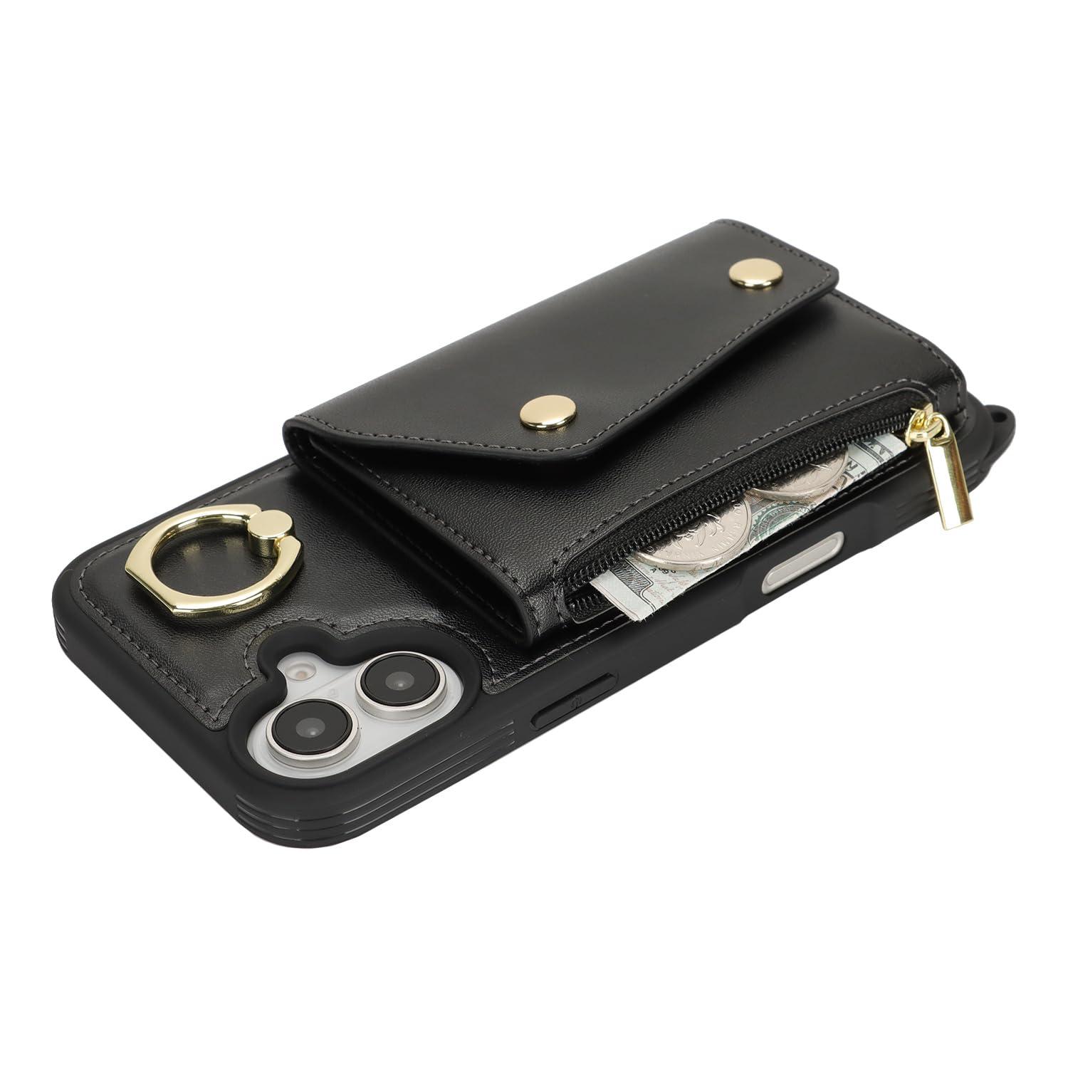 Lipvina for iPhone 16 Case with Card Holder and Strap - Zipper Pocket,Crossbody Lanyard Strap,Credit Card Holder,Stand Ring,Cute Phone Wallet Case for Women(Black,6.1 Inch) - Image 8