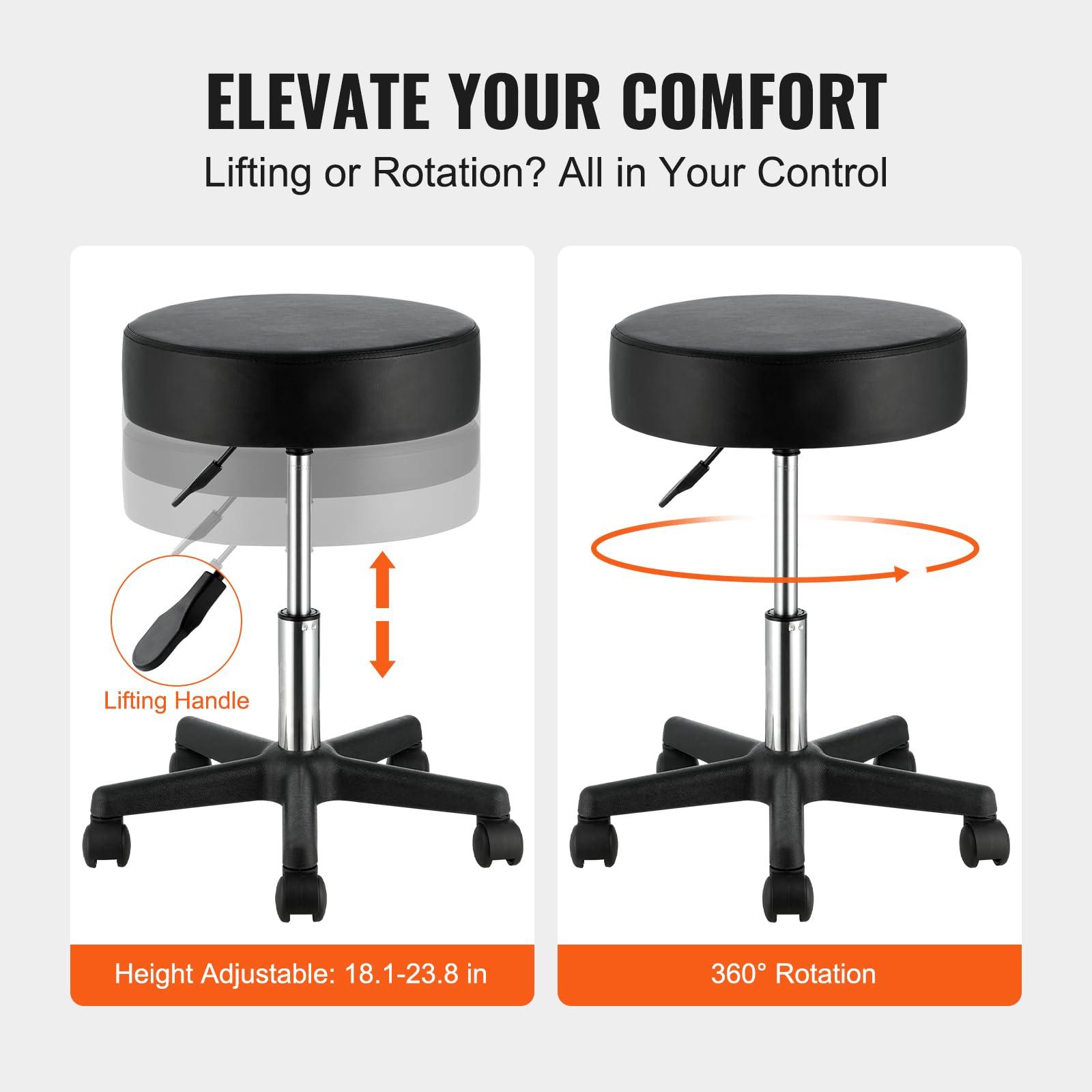 VEVOR Rolling Stools with Wheels, 400 LBS Weight Capacity Adjustable Height Stool with Ultra-Thick Seat Cushion, Swivel Stools Chair for Salon, Bar, Home, Office, Tatoo, Medical, Massage, Black - Image 5