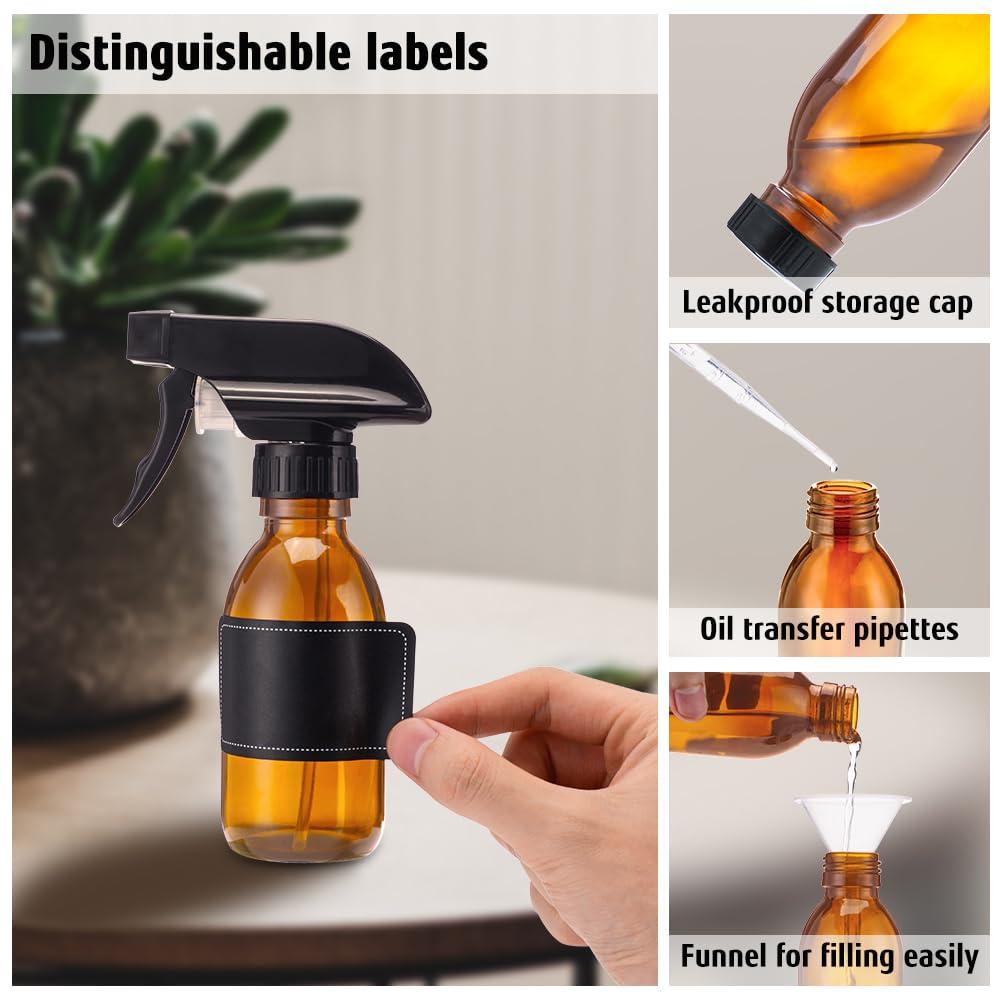 Tecohouse Glass Spray Bottles 4 OZ, Amber Empty Spray Bottle for Essential Oils, Small Glass Bottles for Cleaning Solutions, Plants, with Durable Nozzle, Labels, Funnel, Pipettes - Image 3
