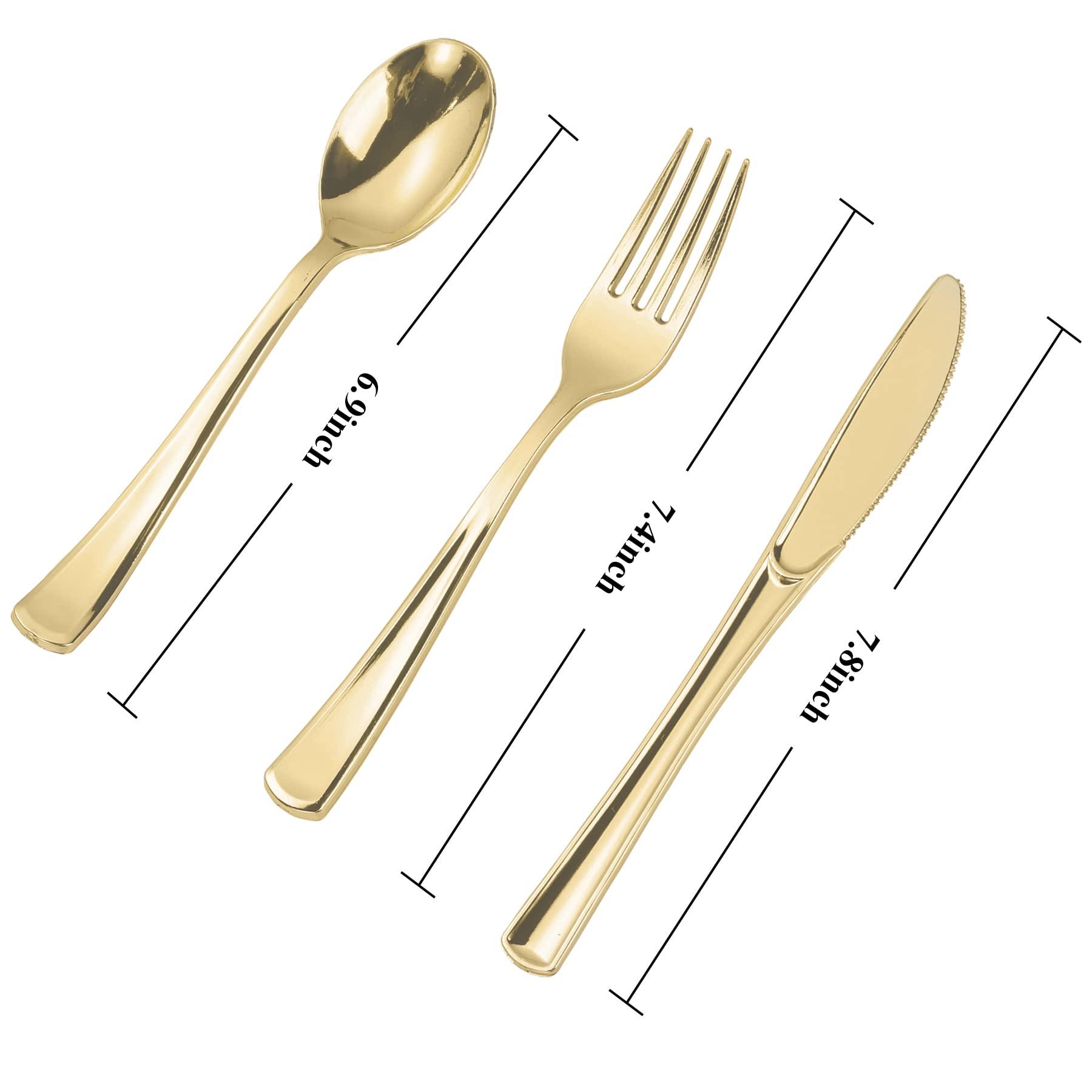 N9R 300PCS Gold Plastic Silverware, Heavy Duty Gold Plastic Cutlery Set Disposable Flatware Dinnerware, 100 Forks, 100 Spoons, 100 Knives, Perfect for Party, Wedding and Daily Use - Image 3
