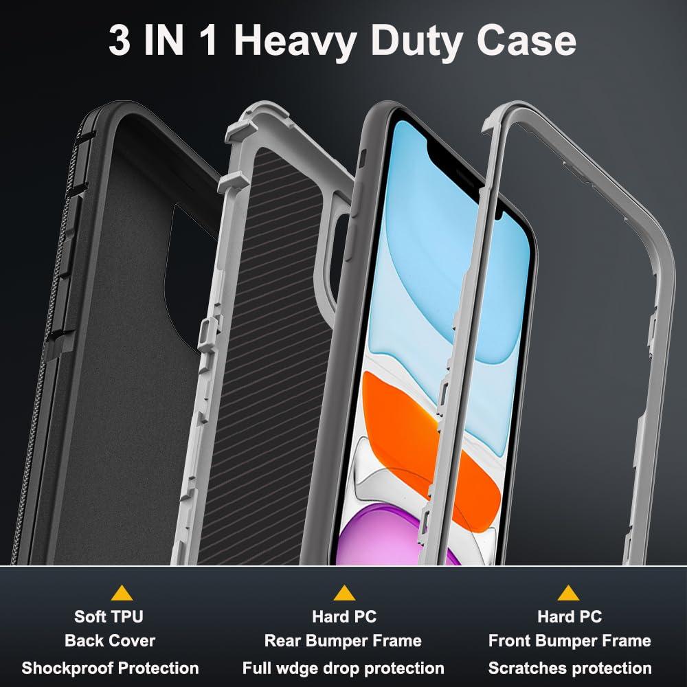 TFDSEUGH for iPhone 11 Case with 2Pcs Tempered Glass Screen Protector and 1Pcs Camera Lens Protector, Military Grade 3 in 1 Heavy Duty Shockproof/Drop Proof/Dust Proof Case (Black/Grey) - Image 4