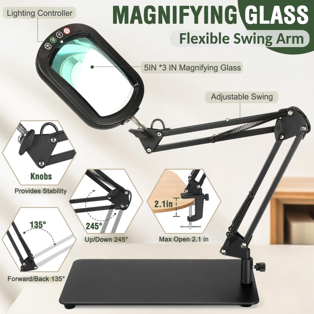 Veemagni 10X Rectangle Magnifying Glass with Light and Stand, 5 Color Modes Stepless Dimmable, 2-in-1 LED Lighted Desk Lamp & Clamp, Hands Free Magnifier for Reading Crafts Repair Painting Close Work - Image 6
