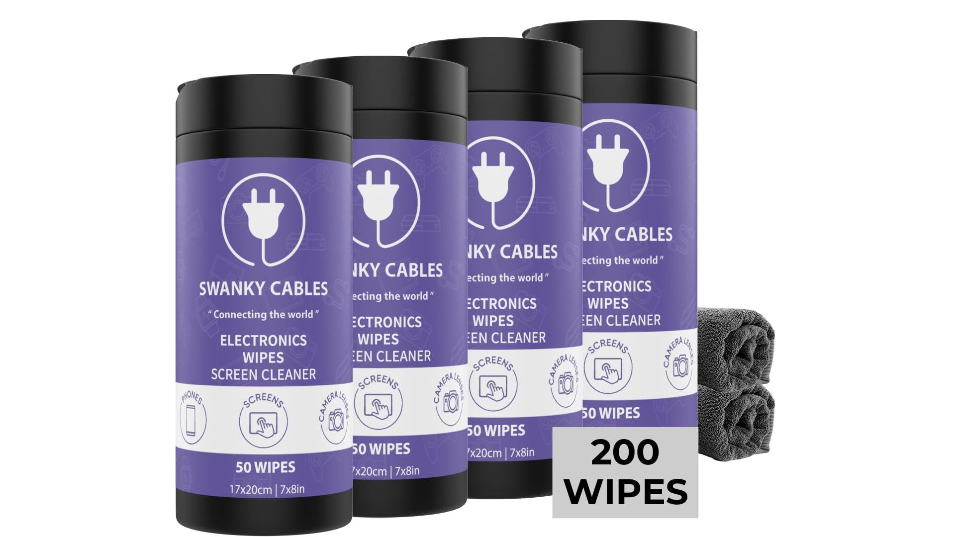 Swanky Cables Screen Cleaner Wipes: Electronic Wipes for Screens - Computer Screen Wipes for Lens, Phone, Tv Screen and Monitor Cleaning - Tech Wipes & Microfiber Cloth (Canister, 200 Count)