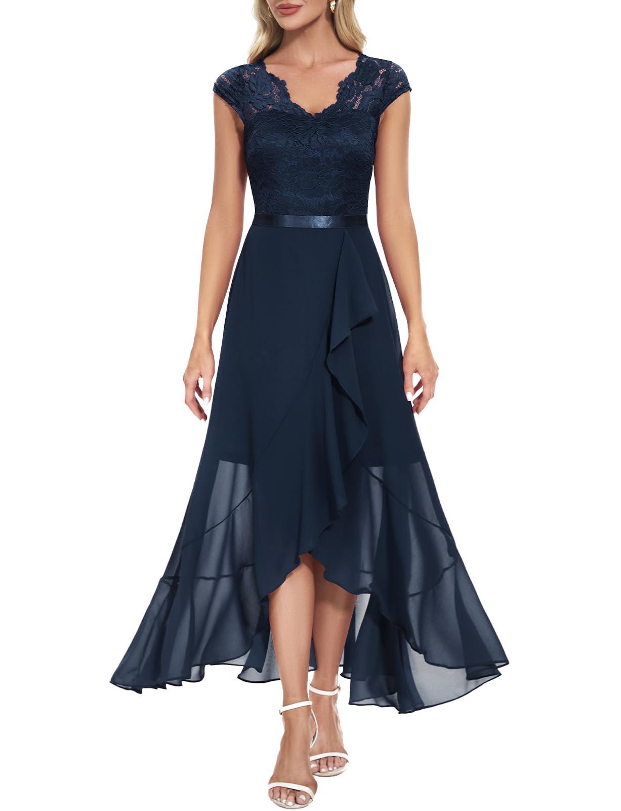 Bbonlinedress Women's V-Neck Dress for Women Wedding Guest Hi-Lo Floral Lace Prom Cocktail Party Formal Bridesmaid Dress