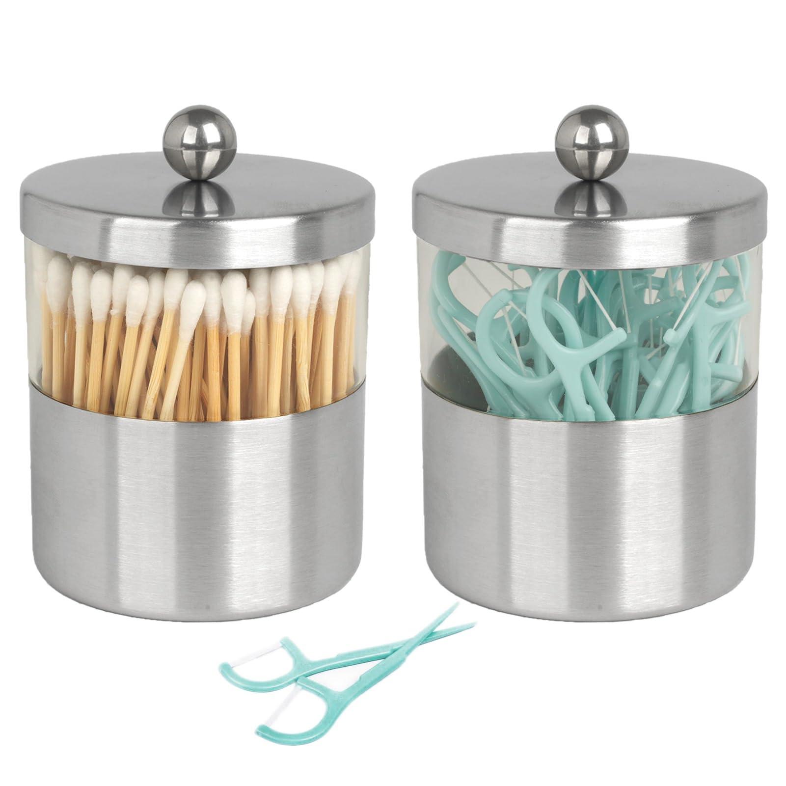 Gaussra Apothecary Jars, Qtip Holder - Stainless Steel Bathroom Jar with Stickers - Farmhouse Decor Qtip Dispenser for Qtips, Cotton Balls, Swabs, Makeup Sponges (2 Pack, Brushed Nickel) - Image 9