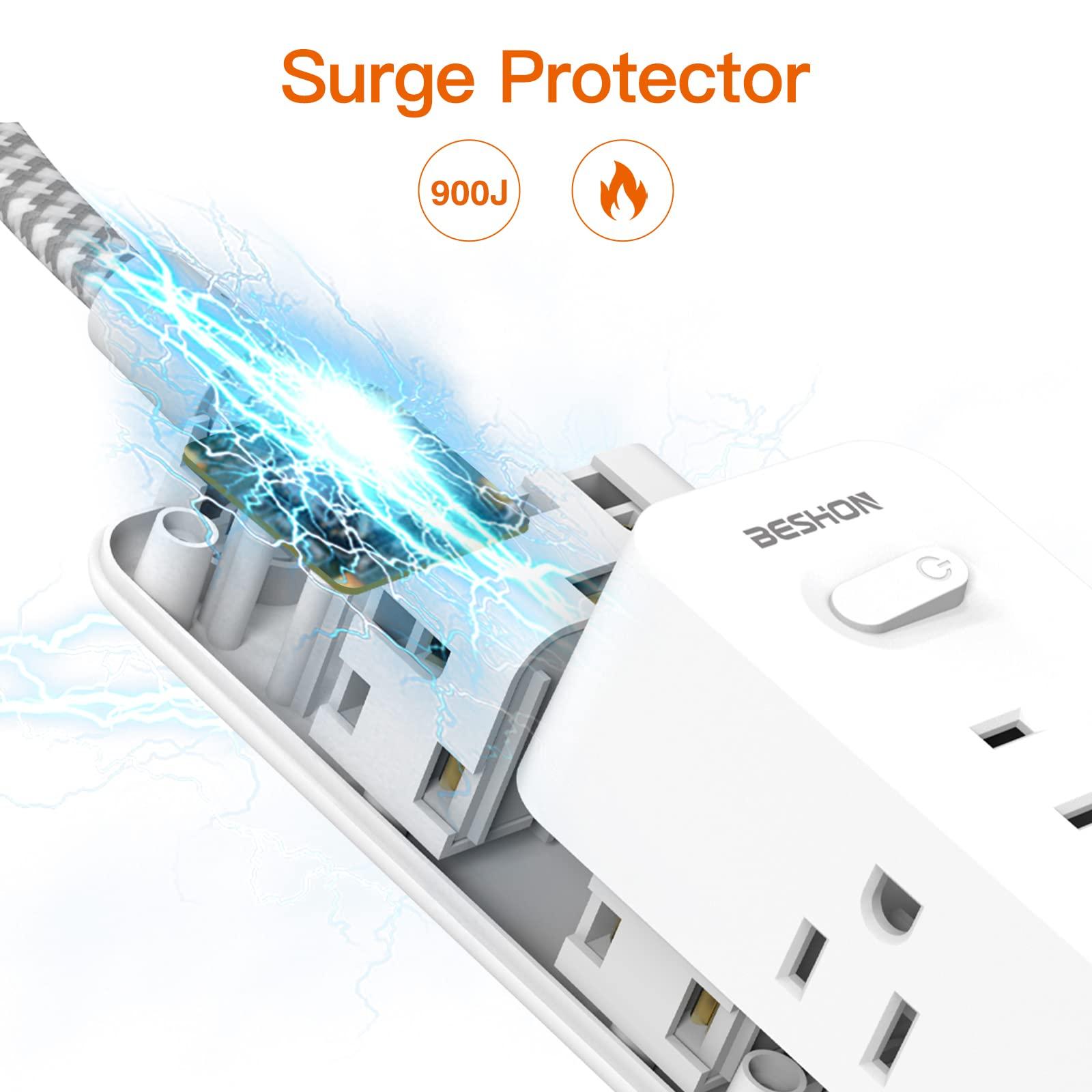 Power Strip Surge Protector, BESHON 5Ft Extension Cord, 6 Outlets with 3 USB Ports(1 USB C Outlet), 3-Side Outlet Extender, Wall Mount, Compact for Travel, Home, School, College Dorm Room and Office - Image 7