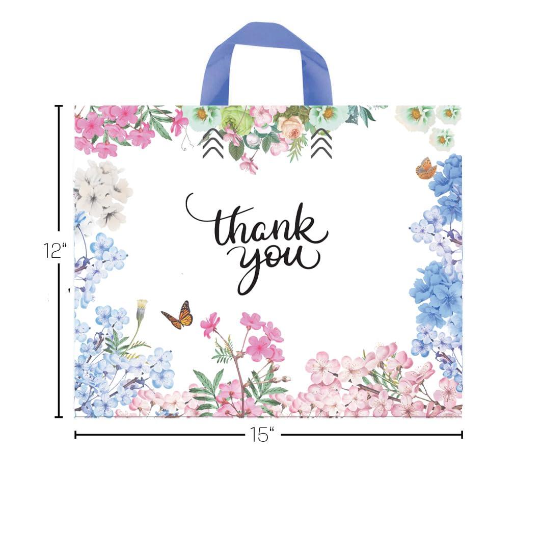 Purple Q Crafts Thank You Bags for Business 50 Pack 15" W x 12" H Floral Plastic Shopping Bags With Soft Loop Handle Thank You Shopping Bag - Image 2