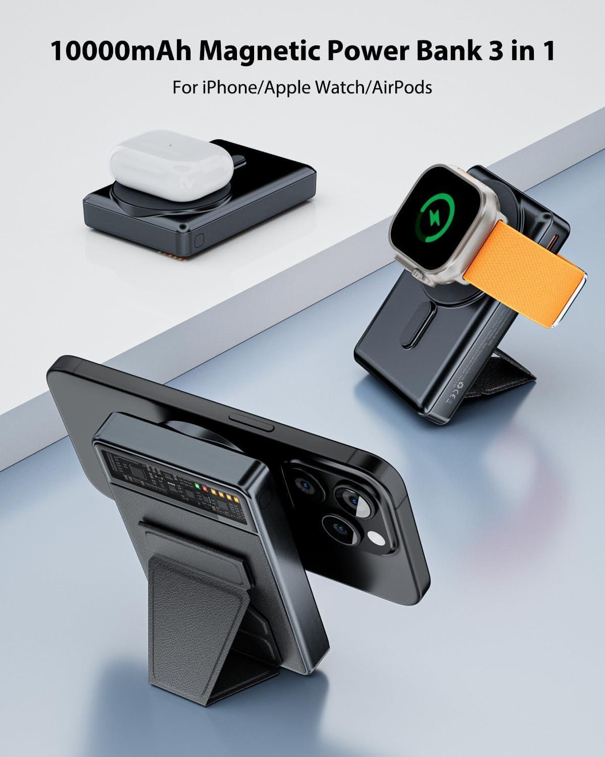 KPON Magsafe Power Bank, 10000mAh Fast Charging Magnetic Portable Charger with Foldable Stand, Wireless Battery Pack for iPhone 16/15/14/13/12 Series & Apple Watch - Image 2