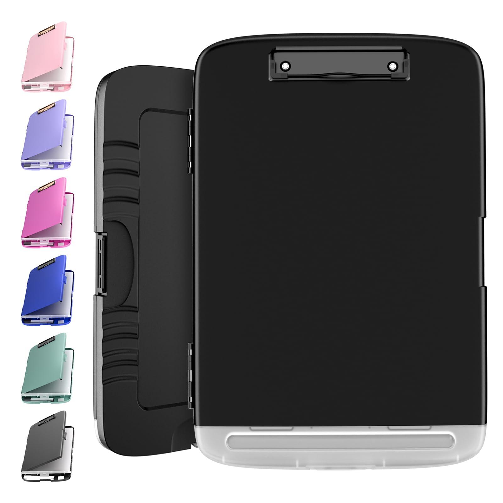 YEAHVIY Clipboard with Storage, Large Capacity Nursing Clipboards with Low Profile Clip, Heavy Duty Plastic Storage Clipboard with Pen Holder, Side-Opening (Black with Black Clip)