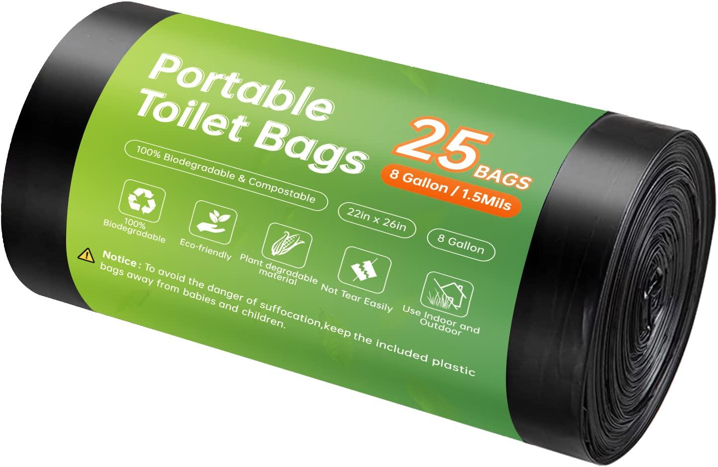 Portable Toilet Replacement Bags, 25 Count 8 Gallon 1.5 Mil Super Thickened Compostable Trash Bags, 30 Liter Camping Toilet Bags for Travel Outdoors, Boating, Emergency Toilet Bag for Car