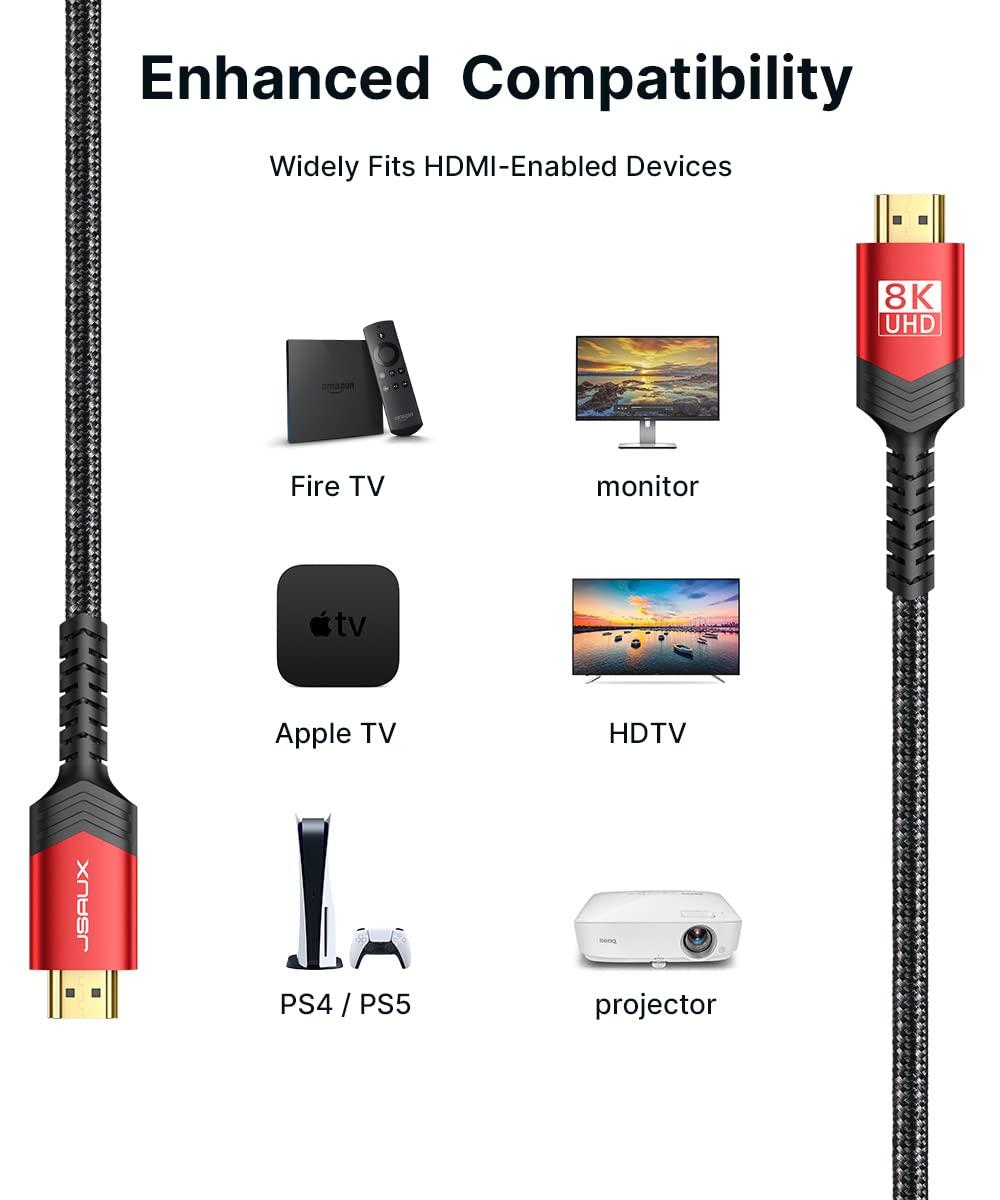 10K 8K HDMI Cable 2.1 2 Pack 6ft, JSAUX 48Gbps Ultra High Speed HDMI Cable Braided Cord, 4K@120Hz, 4K@144Hz, 8K@60Hz, HDCP 2.2&2.3, HDR 10, eARC,ARC Compatible with Dolby PS5 Monitor HDTV Soundbar-Red - Image 6