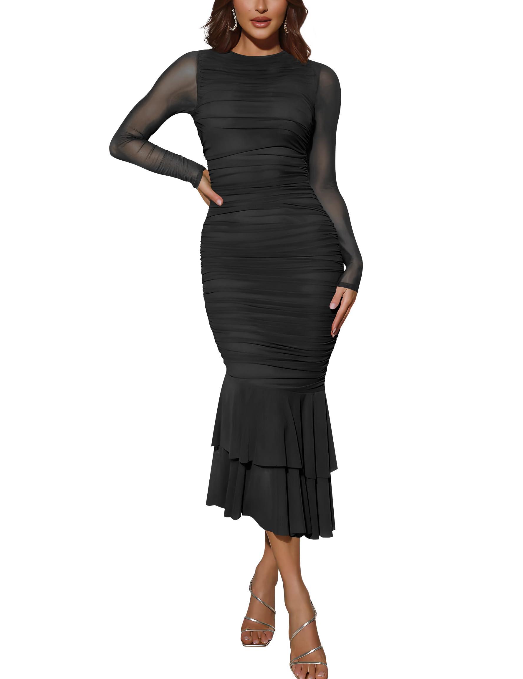 Atizon Elegant Ruched Bodycon Evening Dresses for Women Cocktail Party Formal Maxi Mermaid Dress