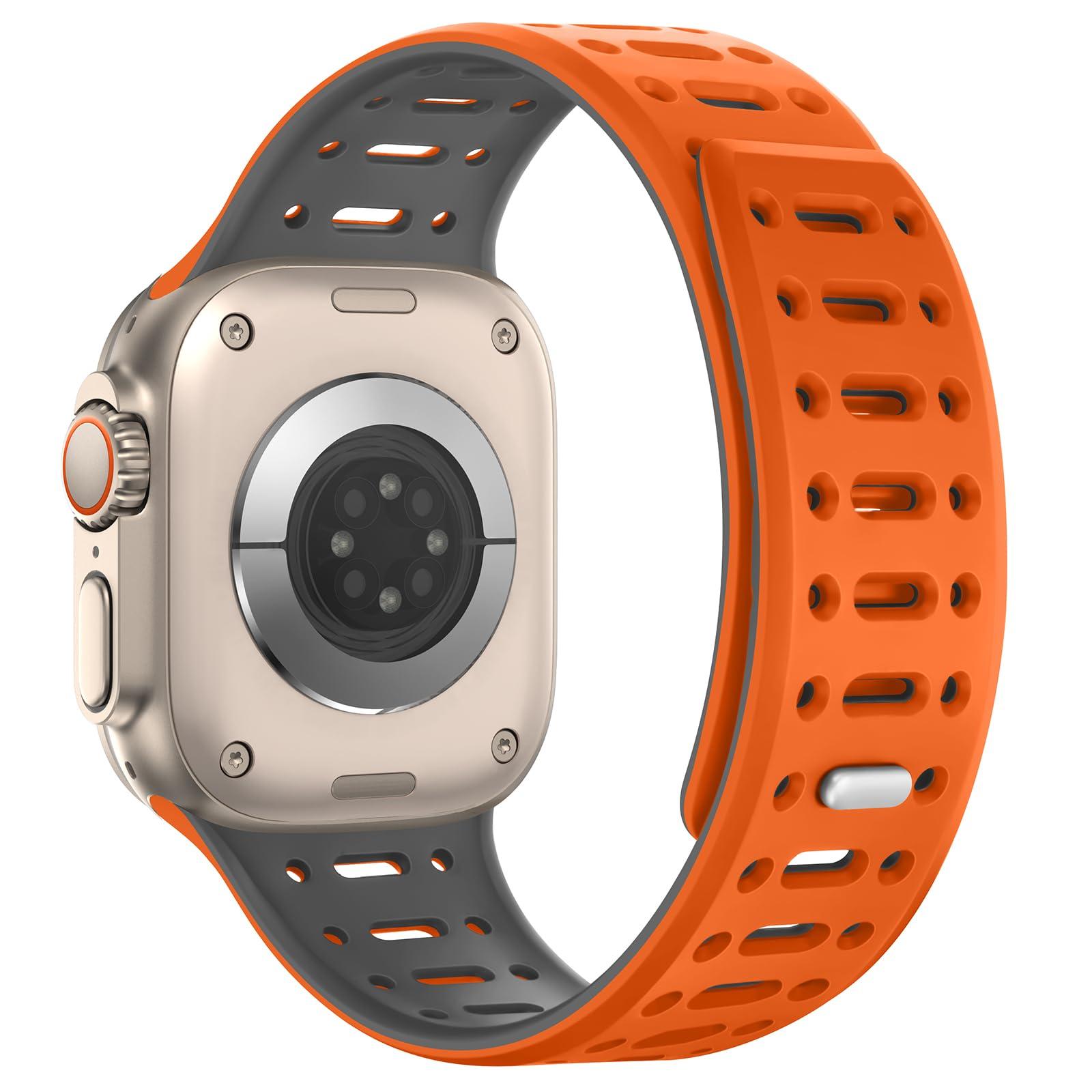 ZZDZZ Compatible with Apple Watch Band 49mm 46mm 45mm 44mm 42mm 41mm 40mm 38mm, Magnetic Silicone Sport Breathable Strap for iWatch Ultra 2 SE Series 10 9 8 7 6 5 4 (49/46/45/44/42mm, Orange/Gray) - Image 2