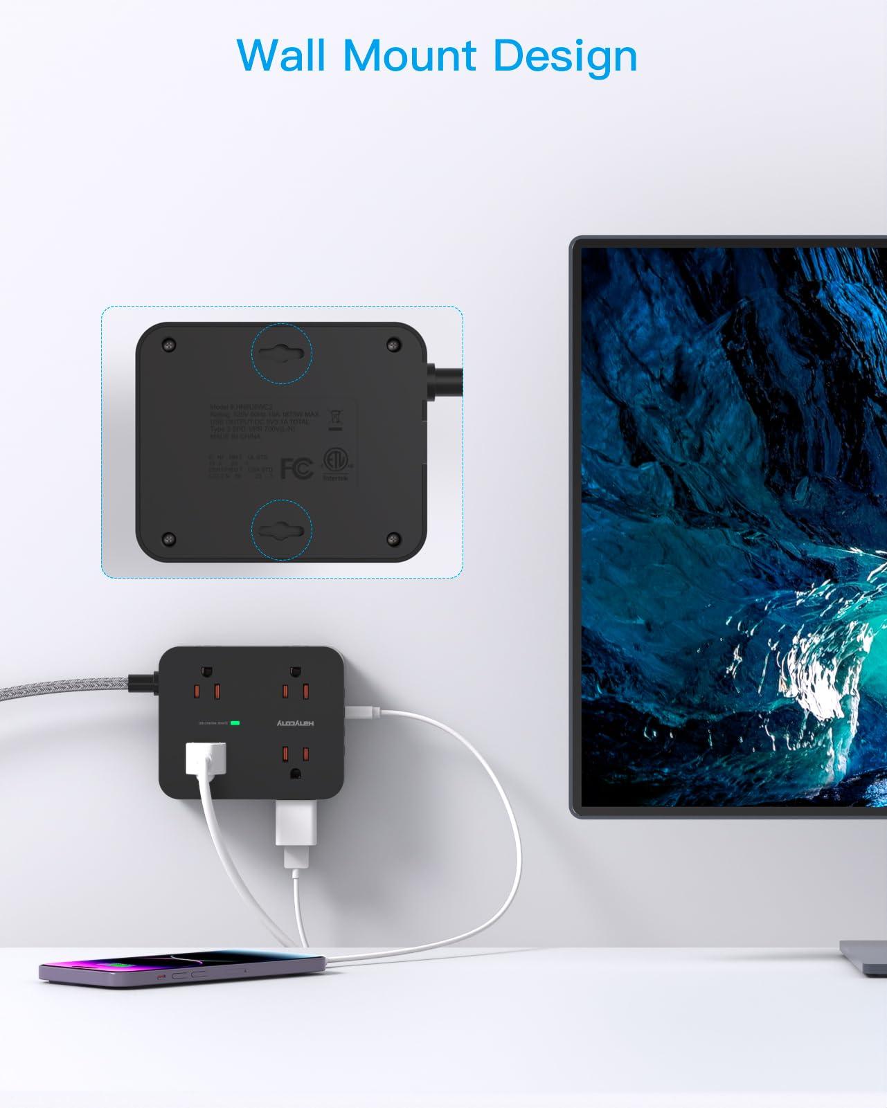 Power Strip Surge Protector 10 Ft Cord, HANYCONY Extension Cord Flat Plug with 8 Outlets 4 USB Ports(2 USB C), Wall Mount, Desk Charging Sation for Home Offcie - Image 6