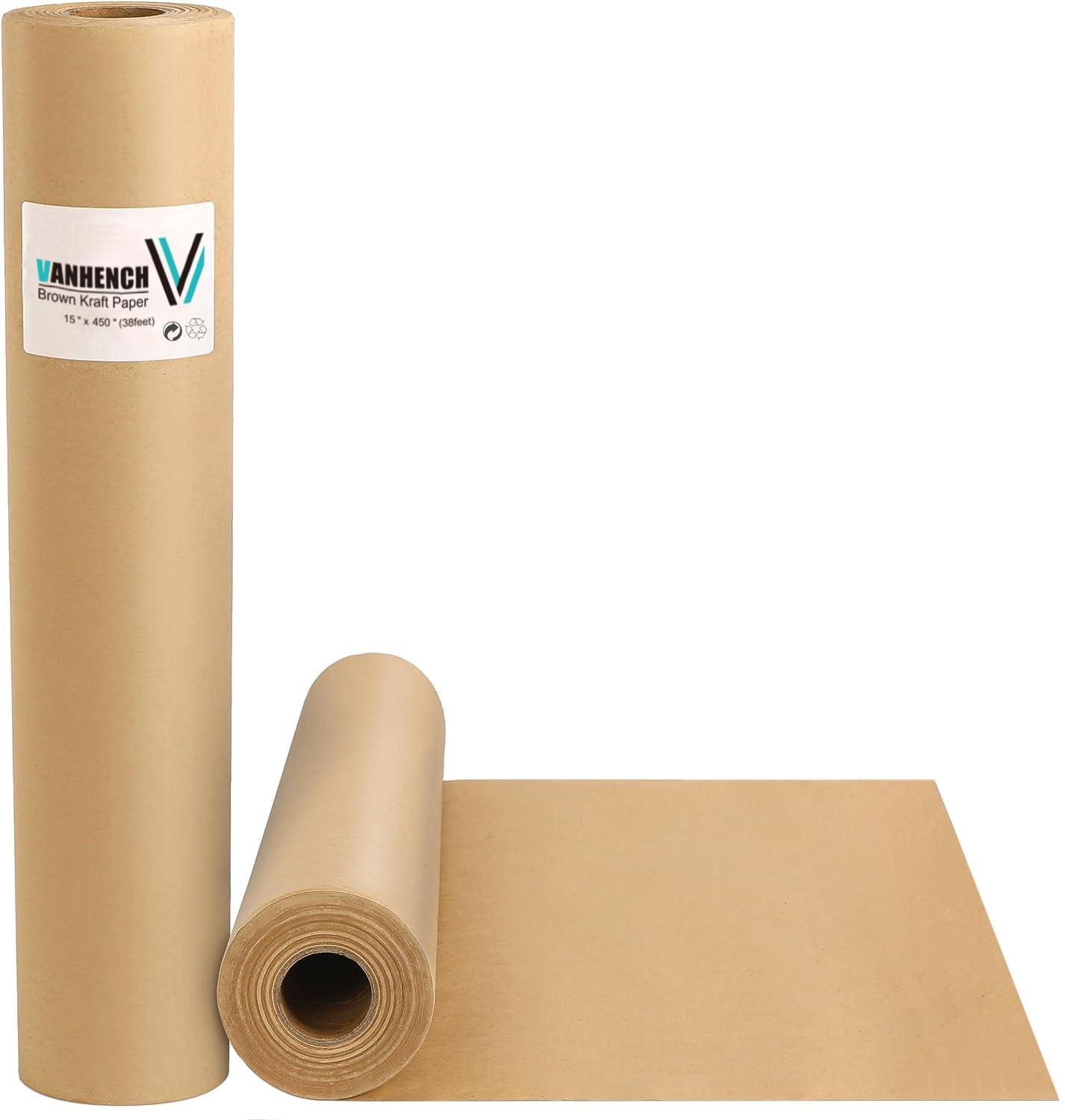 Vanhench Brown Packing Paper Roll 15"×450" (38') for Moving Boxes Supplies, Art Craft Kraft Paper Roll for Gift Floral Bouquet Flower Wrapping, Poster Bulletin Board Paper