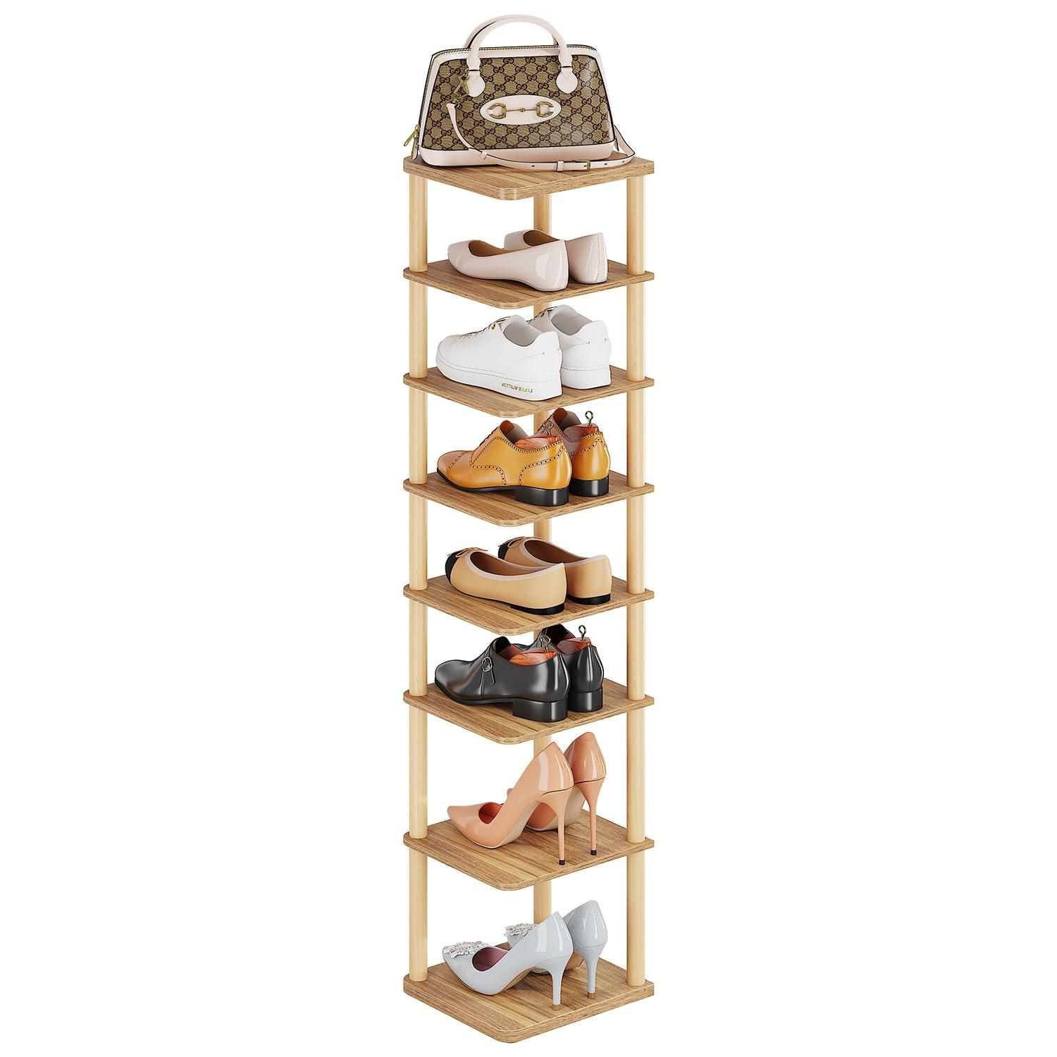 LUCKNOCK Vertical Shoe Rack, 8-Tier Tall Narrow Shoe Organizer for Entryway, Closet, Dorm & Small Spaces, Freestanding Wooden Shoe Shelf Tower for Boots, Sneakers, Heels. (Walnut) - Image 3