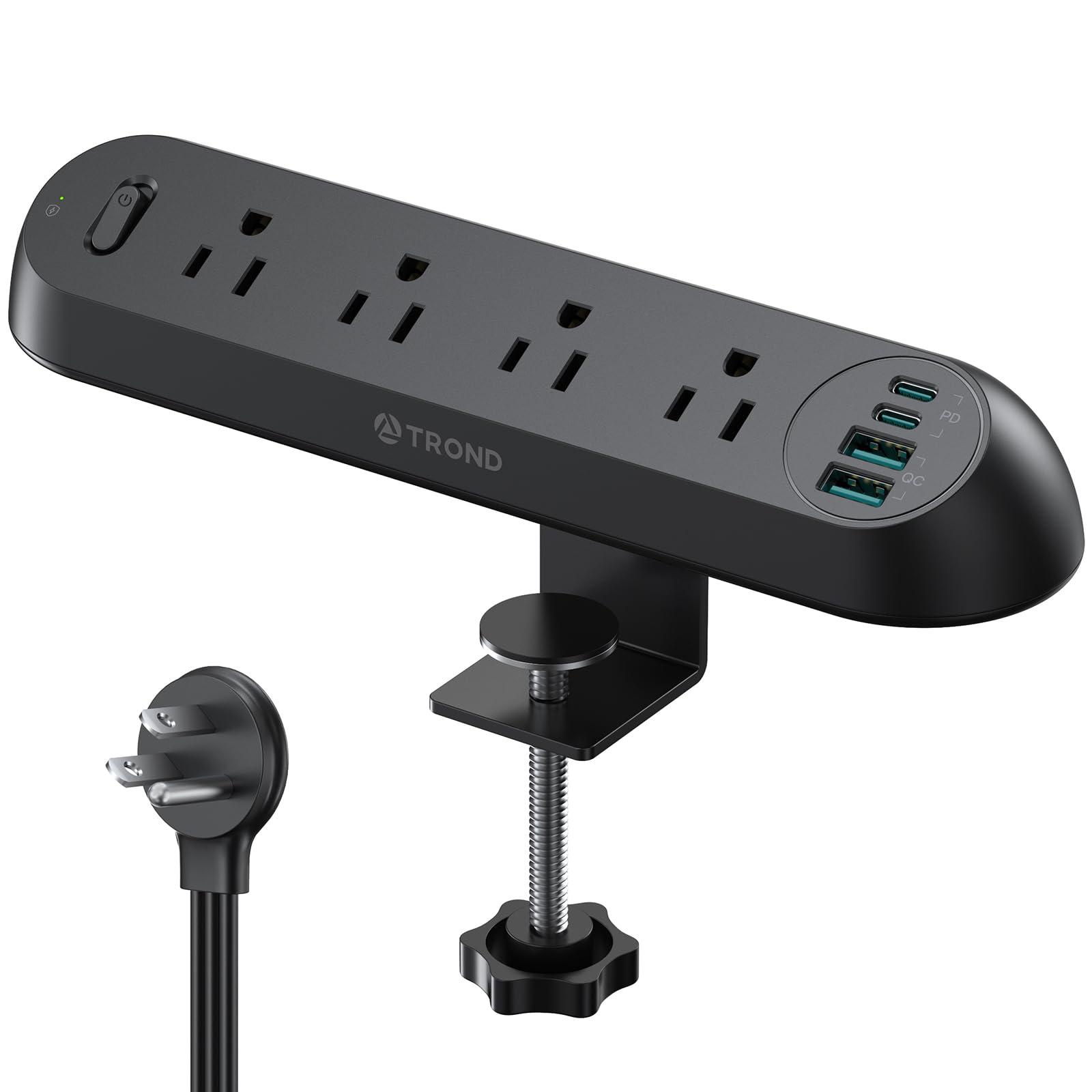 TROND Desk Clamp Power Strip USB C PD 20W- Surge Protector with 4 AC Outlets 4 USB Ports, Flat Plug 6ft Extension Cord, 1700J, ETL Listed, Fits 1.97 inch Tabletop Edge, for Home Office, Black