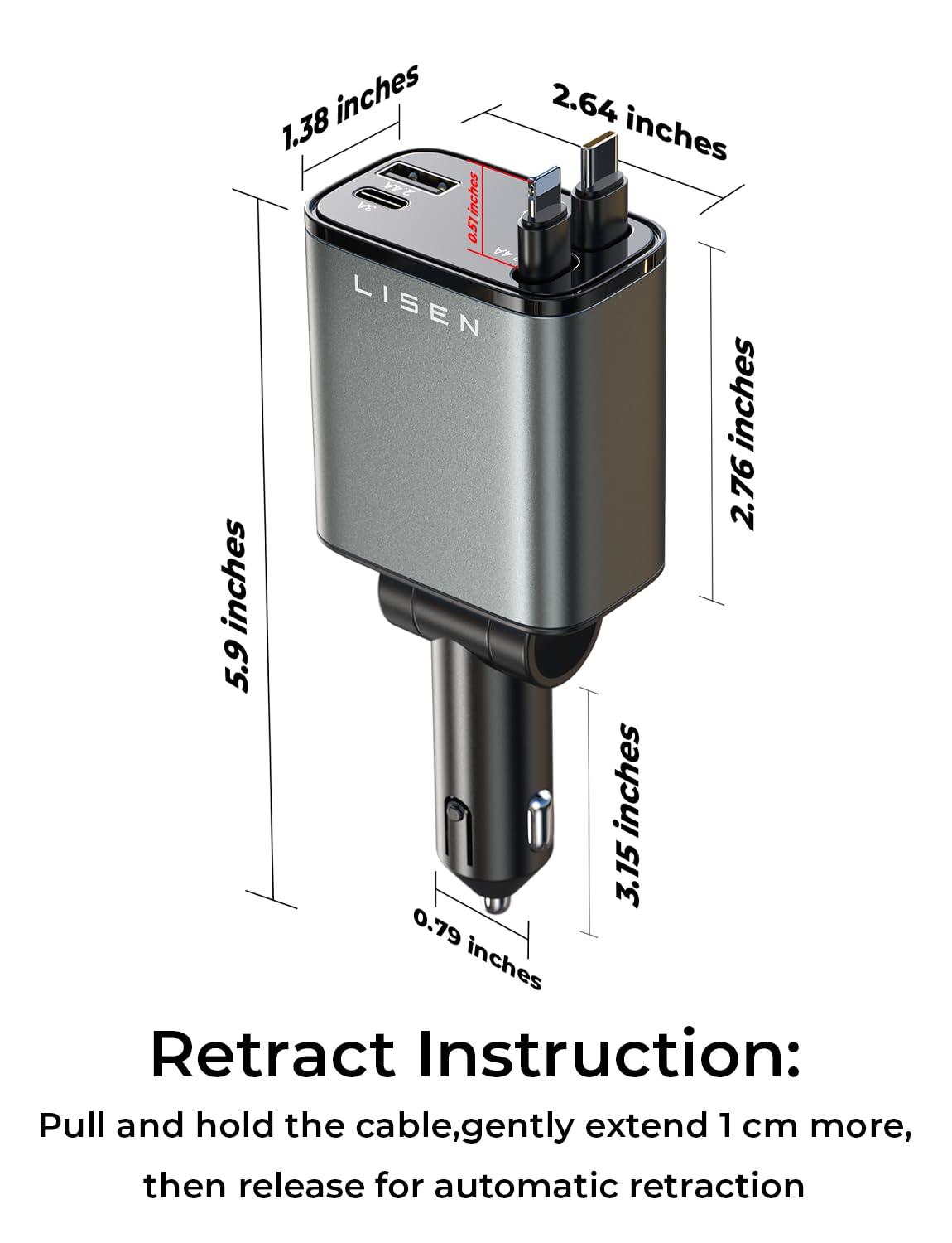 LISEN Retractable Car Charger, 69W USB C Car Accessories Adapter for iPhone 16 USB C Charger Fast Charging, Honda Civic Accessories, Travel Essentials Gifts for Women Men, for iPhone 16 15 14 13 12 - Image 6