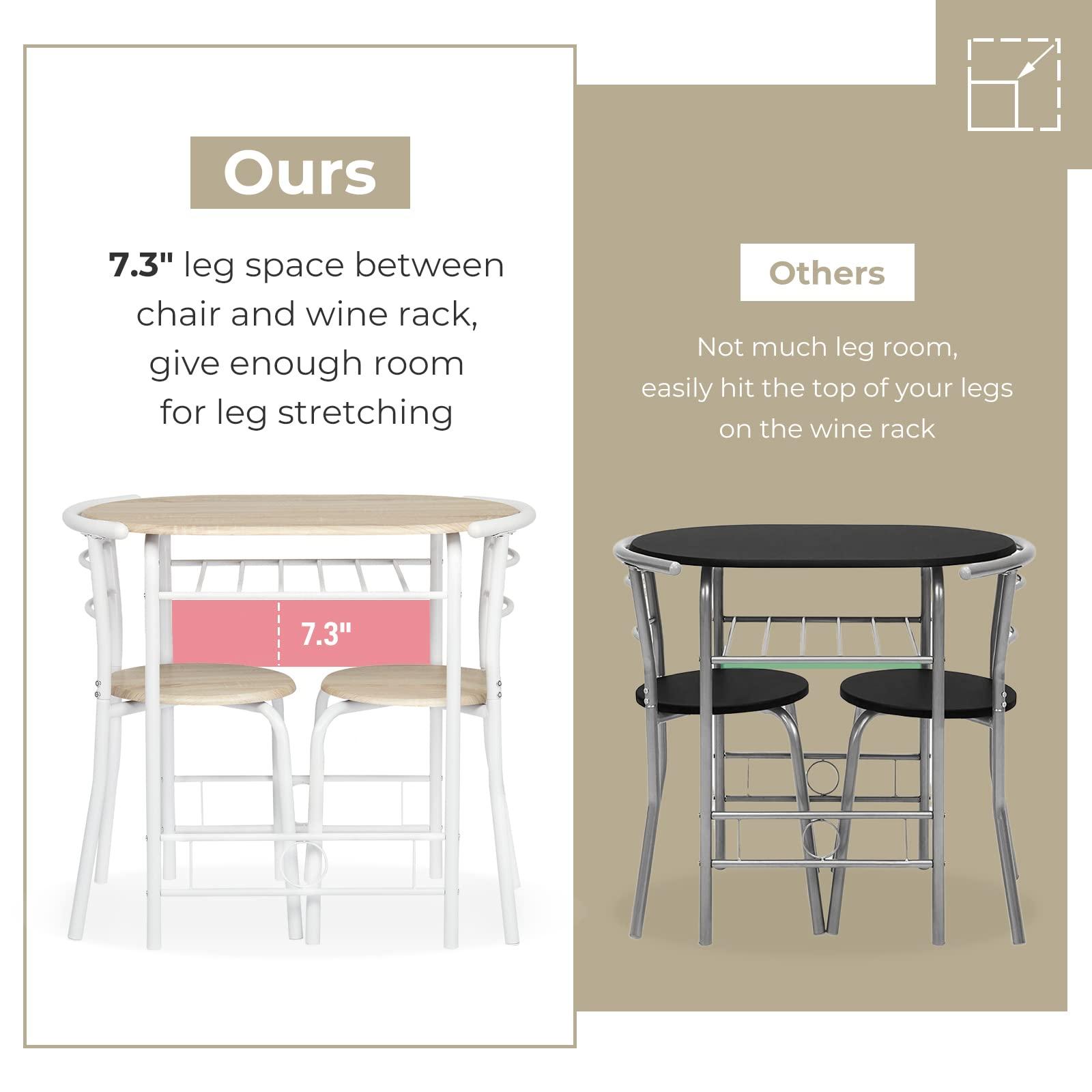 VINGLI 3 Piece Dining Set,Small Kitchen Table Set for 2,Breakfast Table Set,Kitchen Wooden Table and 2 Chairs for Small Space/Dining Room/Apartment,Metal Frame,Wine Rack,White&Light Oak - Image 4