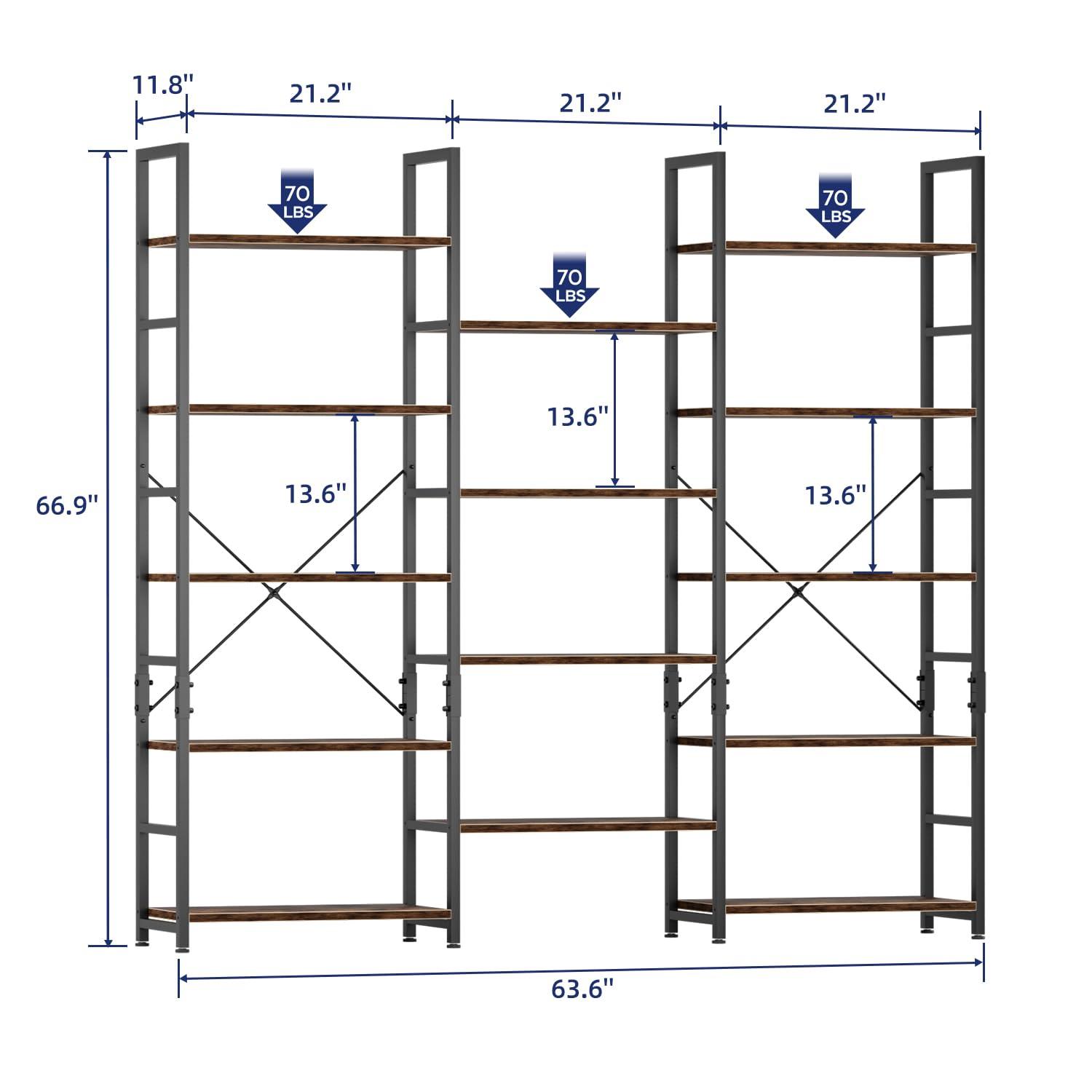 NUMENN Triple Wide 5 Tier Bookshelf, Rustic Industrial Style Bookcases with 14 Open Display Shelves, Modern Tall Bookcase Furniture for Bedroom, Living Room and Home Office, Vintage - Image 3