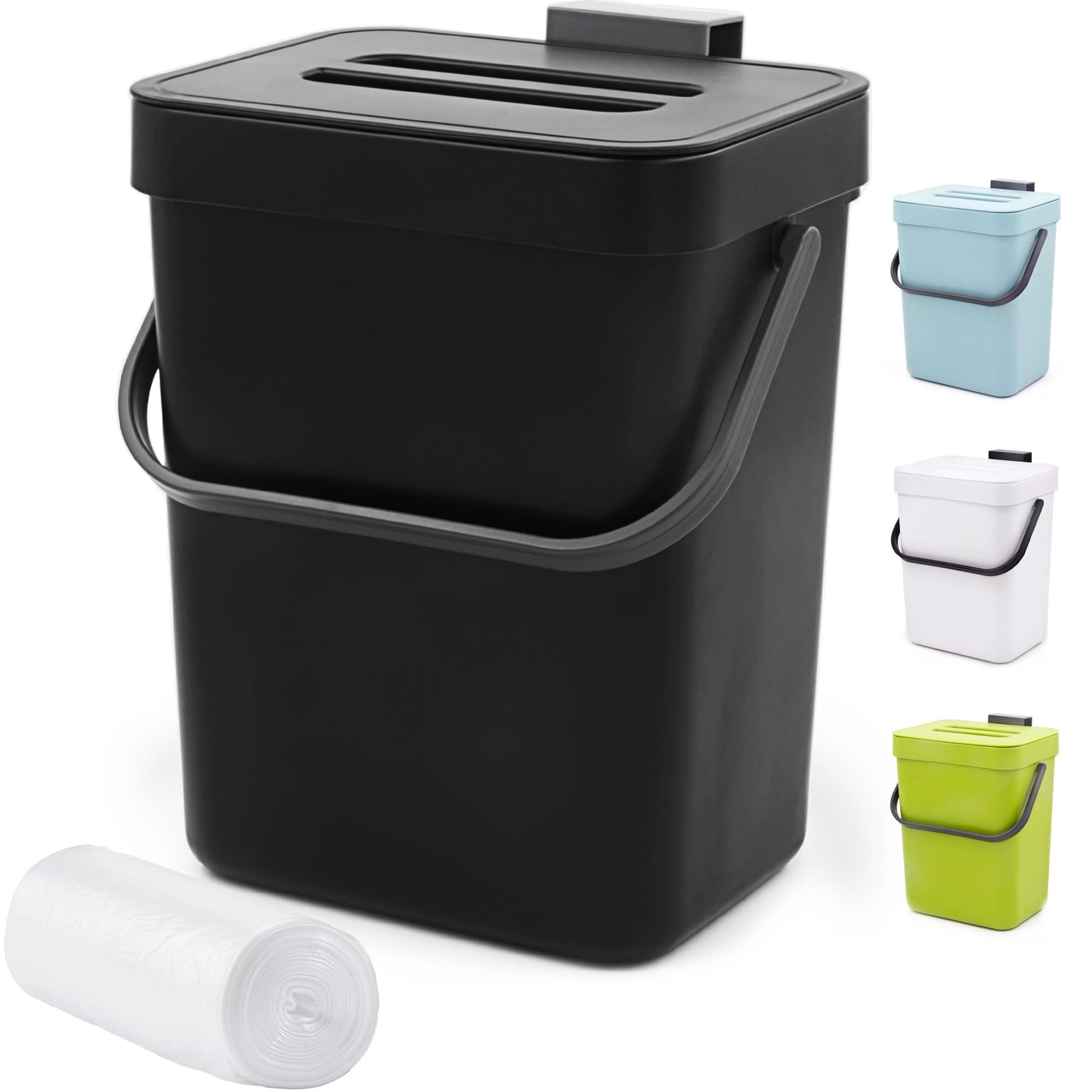 MONGTINGLU Countertop Compost Bin - 1.3 Gallons Hanging Small Trash Can with Lid for Kitchen Bathroom, Under Sink Kitchen Trash Can, Indoor Counter Compost Bucket with Lid, 5L(Black)