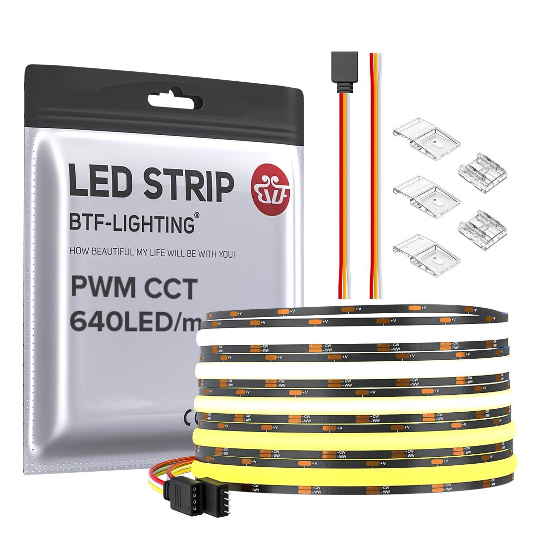 BTF-LIGHTING FCOB CCT COB LED Strip Tunable 2700K-6500K DC24V 16.4FT 640LED/m CRI 90+ Flexible High Density Dimmable LED Light Black PCB for Bedroom Indoor Decor(No Adapter or Controller)