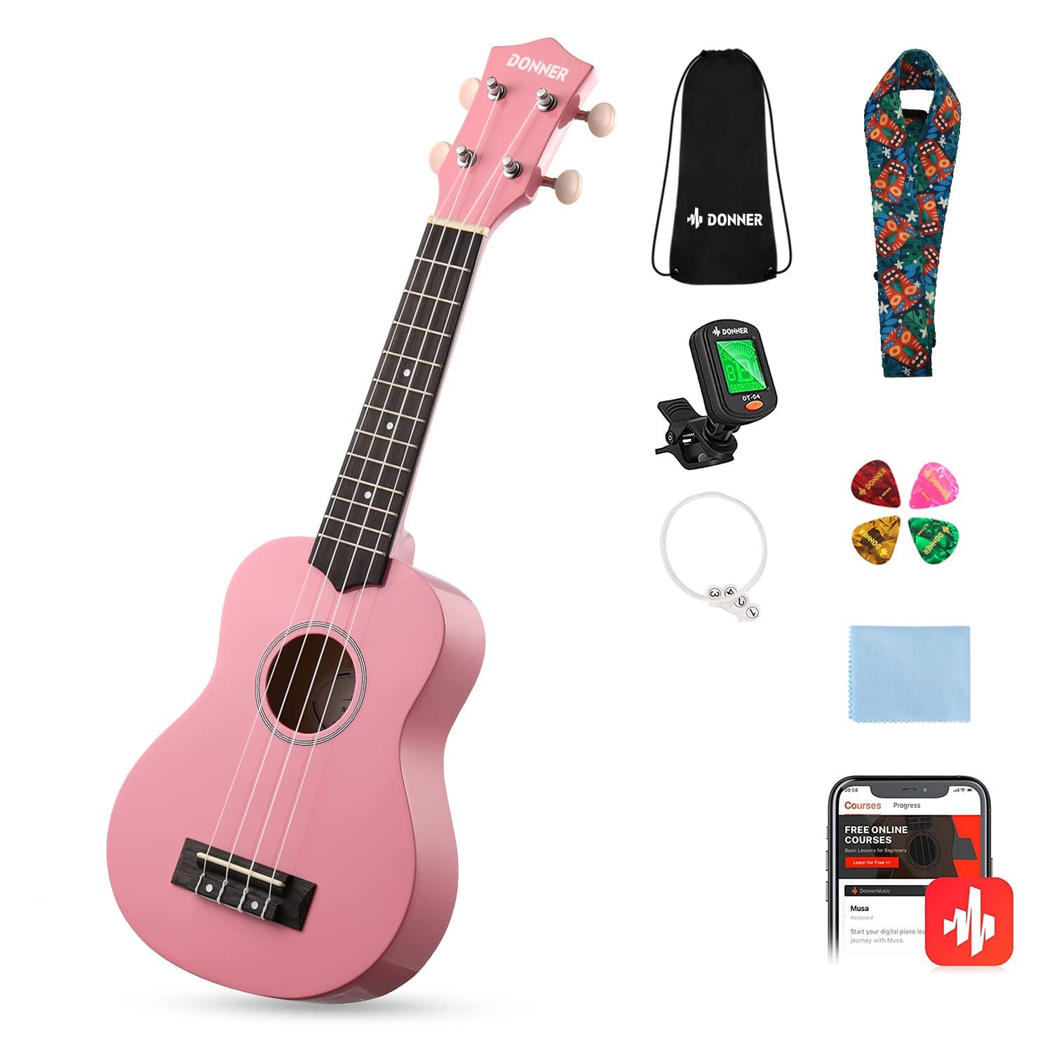 Donner Soprano Ukulele for Beginners 21 Inch Ukelele Starter Bundle Kit with Free Online Lessons Bag Strap String Tuner Picks Cloth Ukalalee Yukalalee (Pink) - Image 7