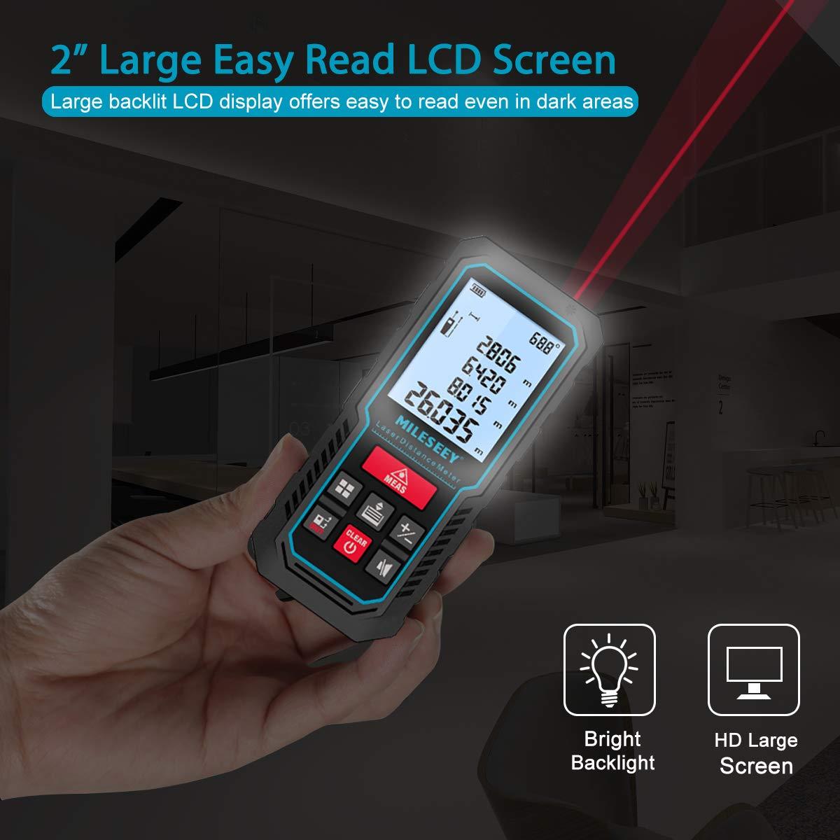 Laser Measure Device, MiLESEEY 393ft Digital Laser Tape Measure with Upgrade Electronic Angle Sensor, 2mm Accuracy, Area Measurement,Volume and Pythagoras, 2" LCD Backlit,Mute, Battery Included - Image 6