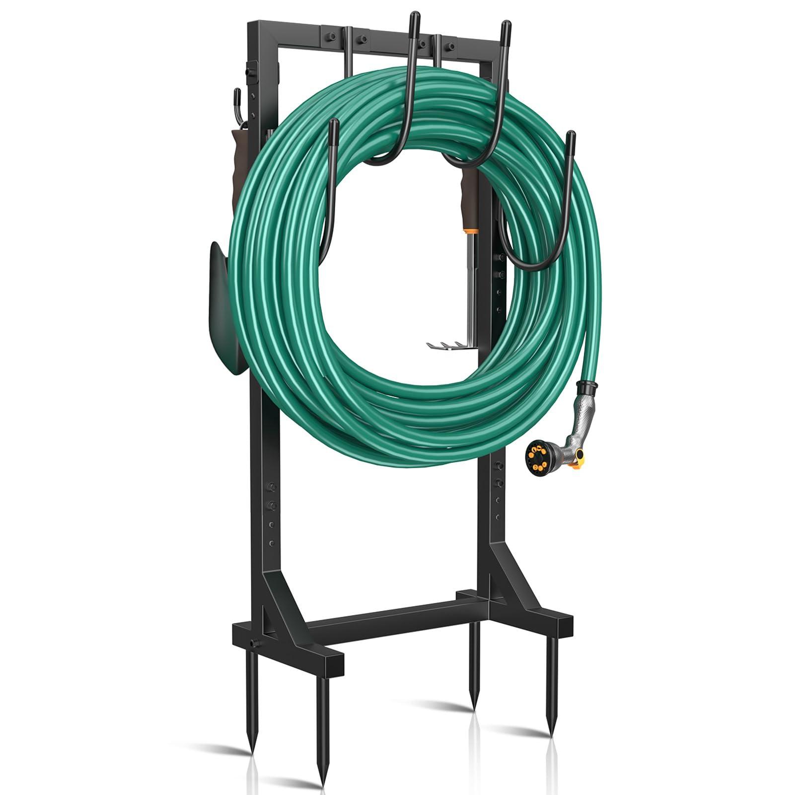 Winpull Garden Hose Holder Water Hose Holder with 4 Spikes, Freestanding Hose Hanger Outdoor Hold Stand Heavy Duty 6 Hooks Metal Garden Hose Storage Hose Reel Rack for Outside (Black)