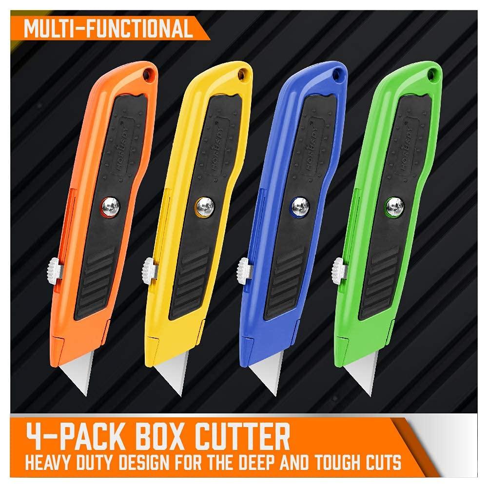 HORUSDY 4-Pack Box Cutter Utility Knife, Heavy Duty Aluminum Shell Retractable Box Cutter for Cardboard, Boxes and Cartons, Extra 10 Blades - Image 3