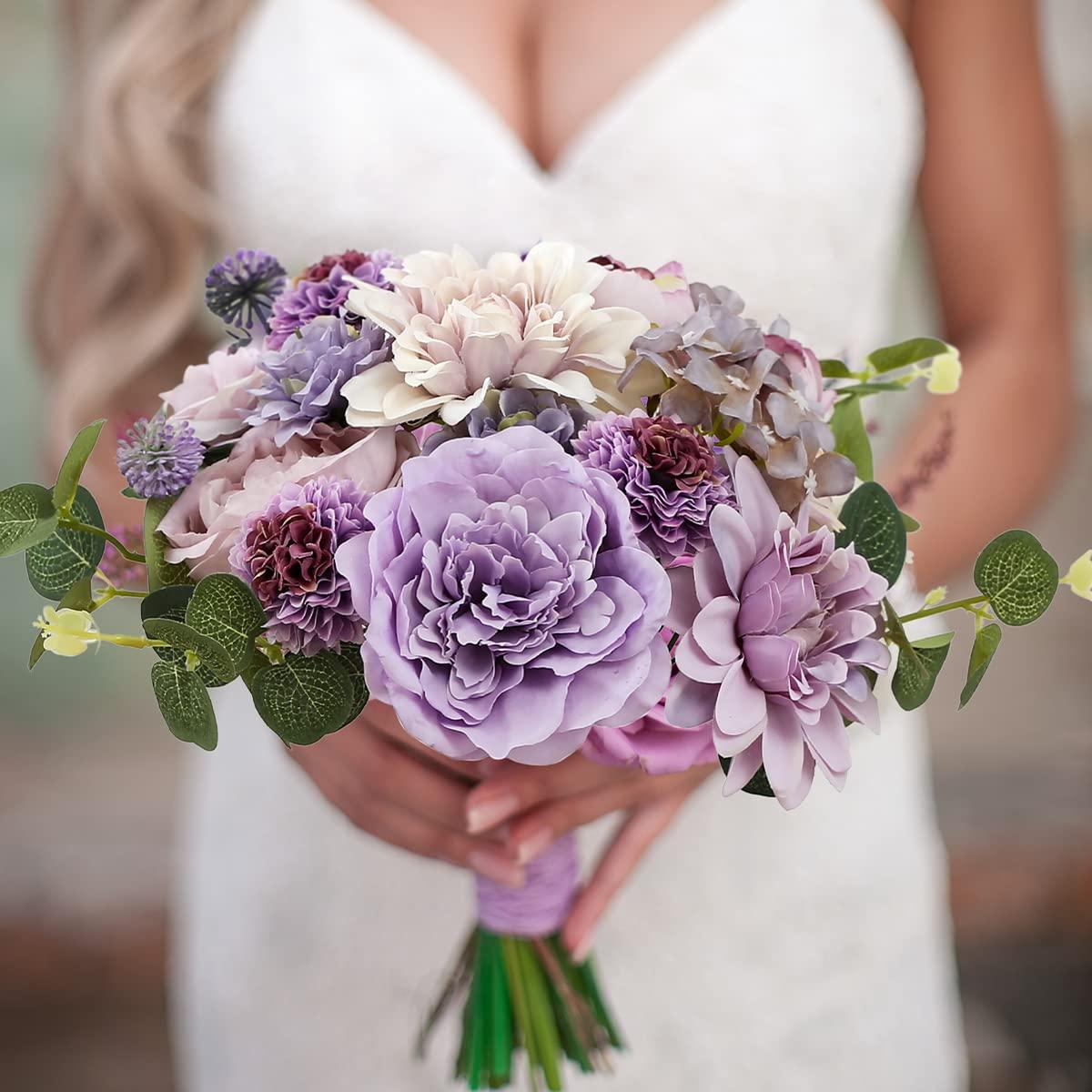 Kisflower Purple Artificial Flowers Combo Cake Flowers Decorations Fake Peony Silk Roses Gift Box for DIY Wedding Bridal Bouquet Centerpieces Arrangements Party Baby Shower Holiday Decor (Purple) - Image 2