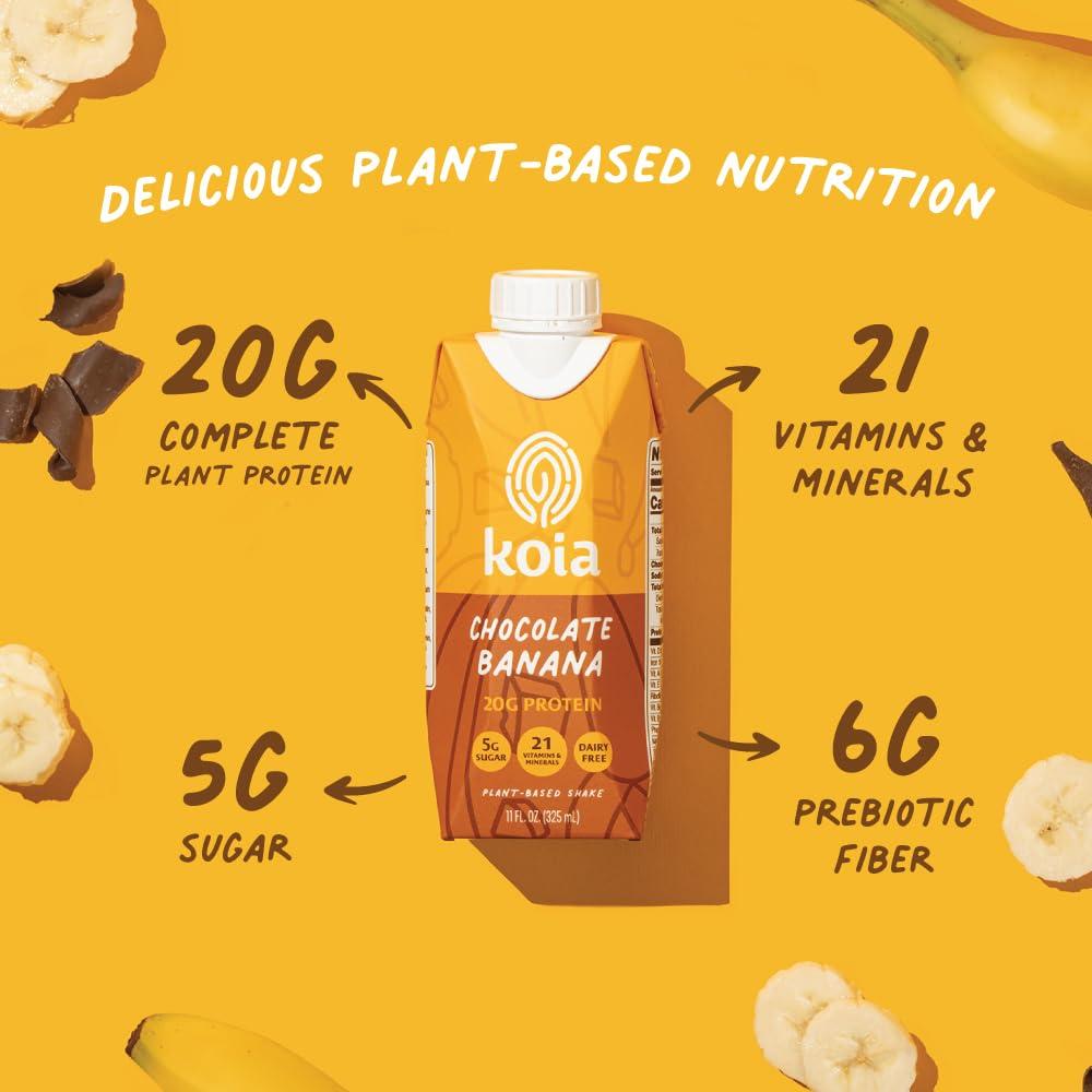 Koia Plant Based Protein Shake, Chocolate Banana, 20g Protein, 5g Sugar, 6g Prebiotic Fiber, 21 Vitamins & Minerals, Meal Replacement Drinks, Dairy-Free, Gluten-Free, Non-GMO, 11 Fl Oz (Pack of 12) - Image 2