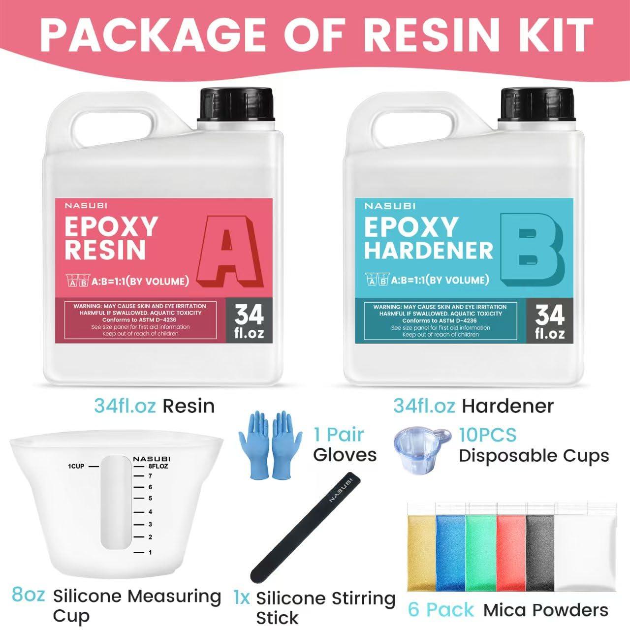 NASUBI Epoxy Resin Kit - 68OZ Crystal Clear Resin for Crafts, Mold, Wood, Jewelry Making, Art Casting Resin for Art, NO Bubble, 2 Part Clear Epoxy with Silicone Cups, Sticks, Pigment - Image 2