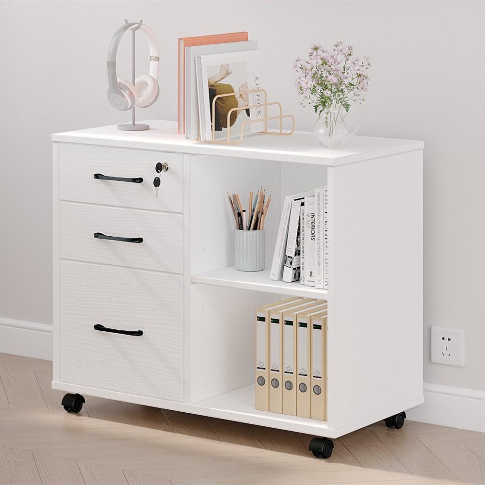 3 Drawer File Cabinets, Mobile Lateral Printer Stand with Open Shelf, Rolling Filing Cabinet with Wheels Home Office Organization and Storage (White) - Image 10