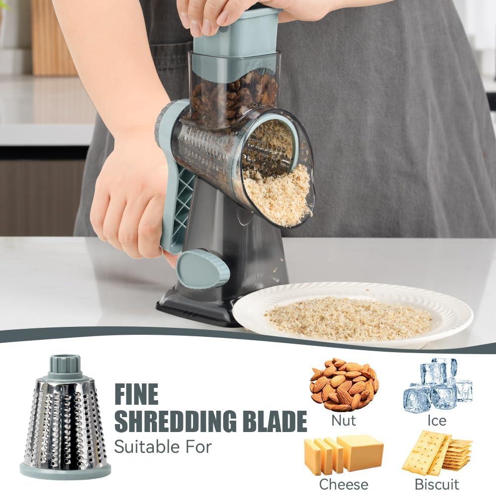 KEOUKE Rotary Cheese Grater Hand Crank Cheese Shredder Vegetable Mandoline Slicer for Kitchen 3 Changeable Blades for Cheese Potato Zucchini Nuts Chocolate - GreyBlue - Image 5
