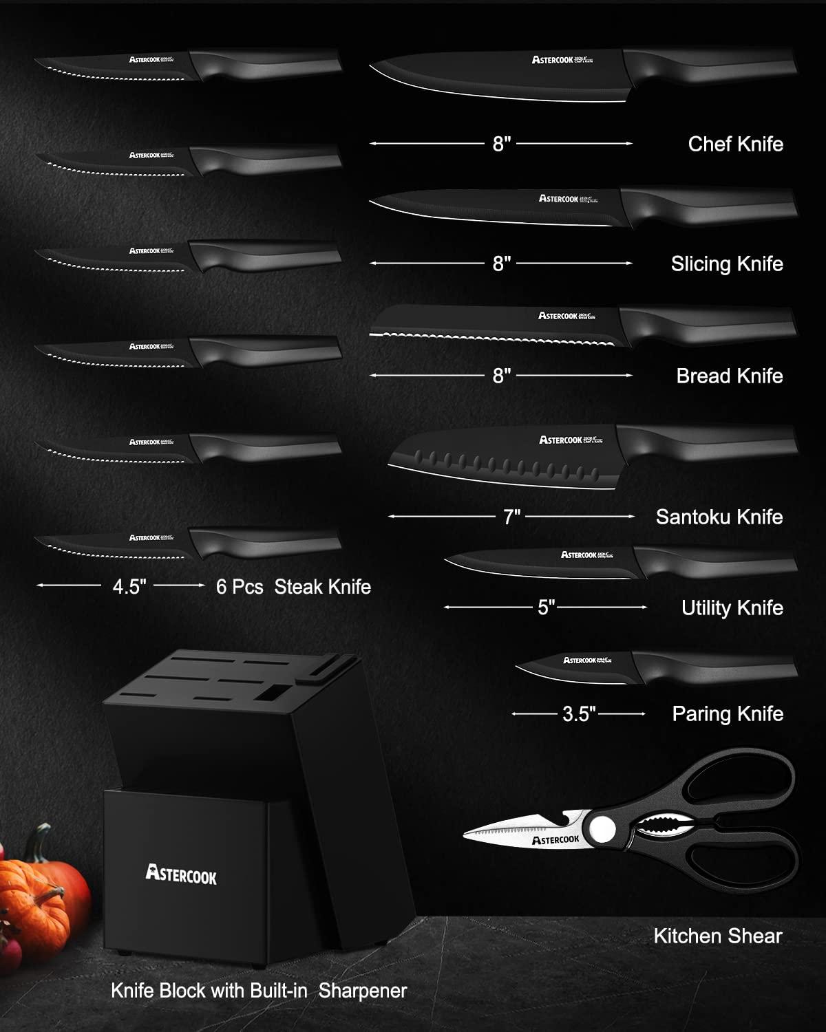 Astercook Knife Set, Kitchen Knife Set with Built-in Sharpener Block, Dishwasher Safe, 15 Pieces German Stainless Steel Knife Block Set, Black - Image 3