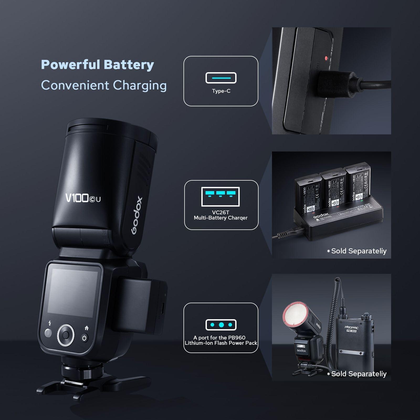 Godox V100-C USA Version Flash for Canon, V100-CU Touchscreen Speedlite with 100Ws Maximum Output, Detachable Sub Flash, USB-C Charge Battery, 2.4G Wireless 1/8000s HSS TTL Camera Flash Speedlight - Image 6
