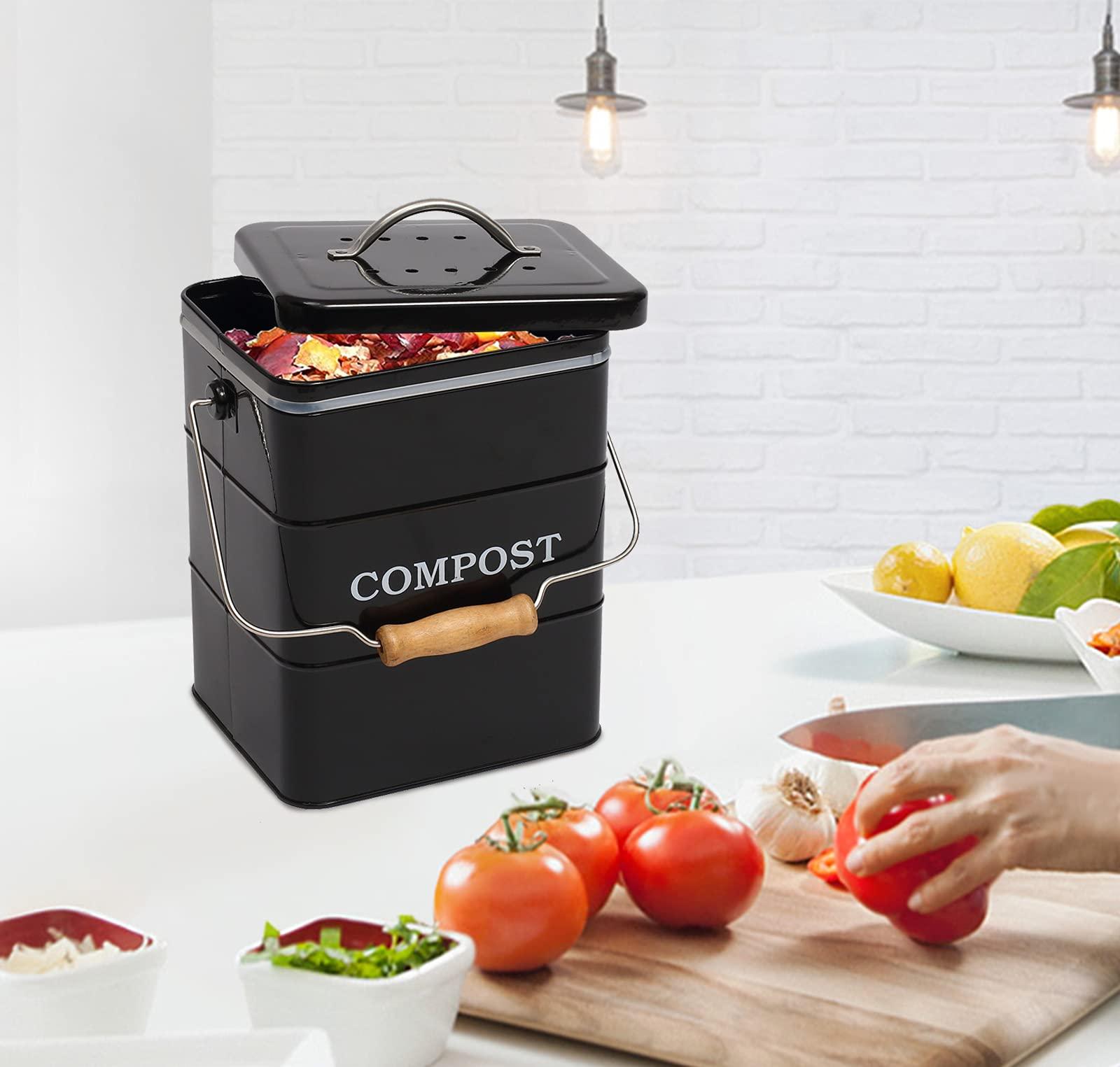 ayacatz Stainless Steel Compost Bin for Kitchen Countertop Compost Bin，1 Gallon, Kitchen Trash Can -Includes Charcoal Filter，Compost Bucket Kitchen Pail Compost with Lid-Black - Image 2