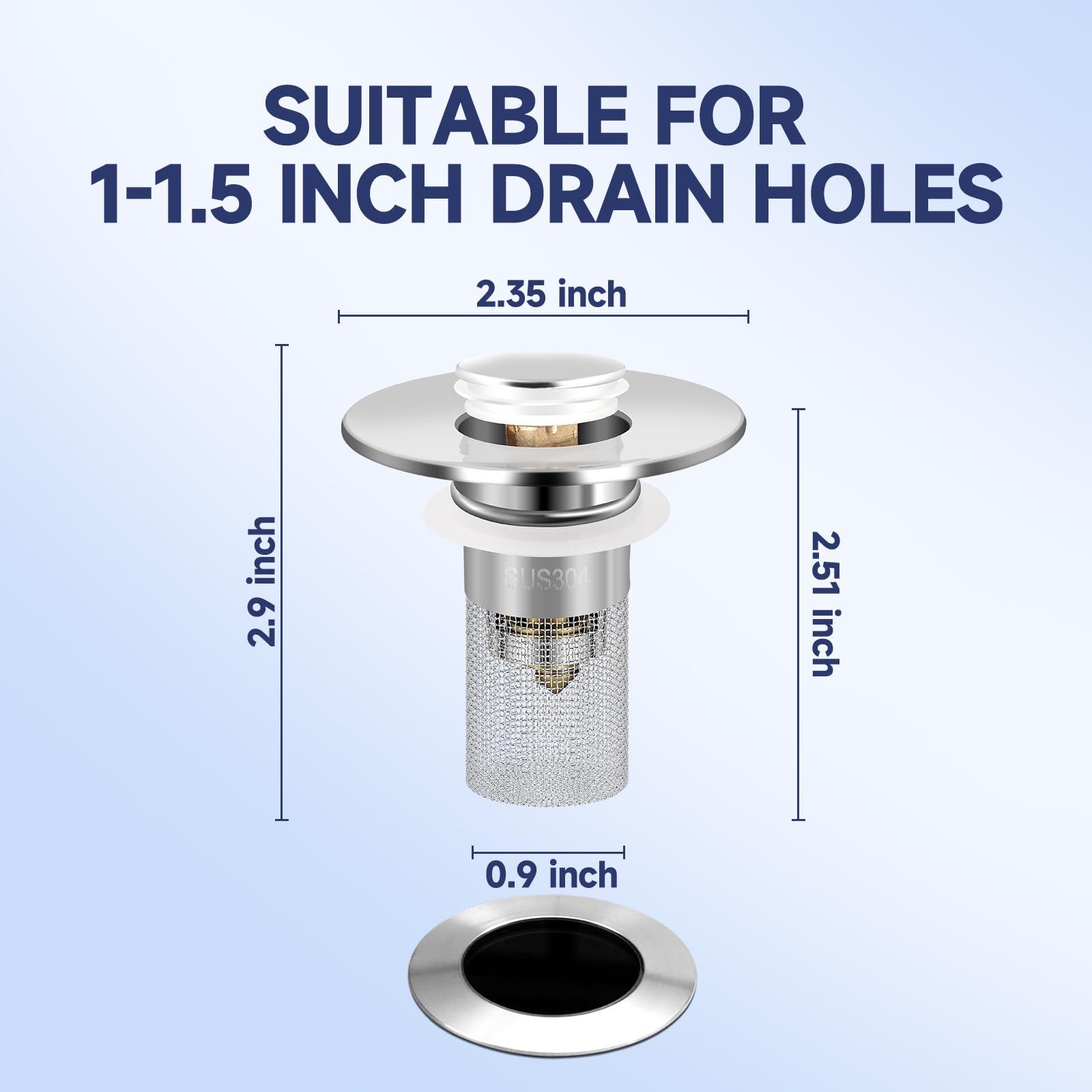 2 Pack Bathroom Sink Drain Strainer, 2 in 1 Pop Up Bathroom Sink Stopper with Hair Catcher Basket for 1~1.5 Inch Drain Holes, Universal Wash Basin Stopper Sink Drain Filter Anti-Clogging - Image 2