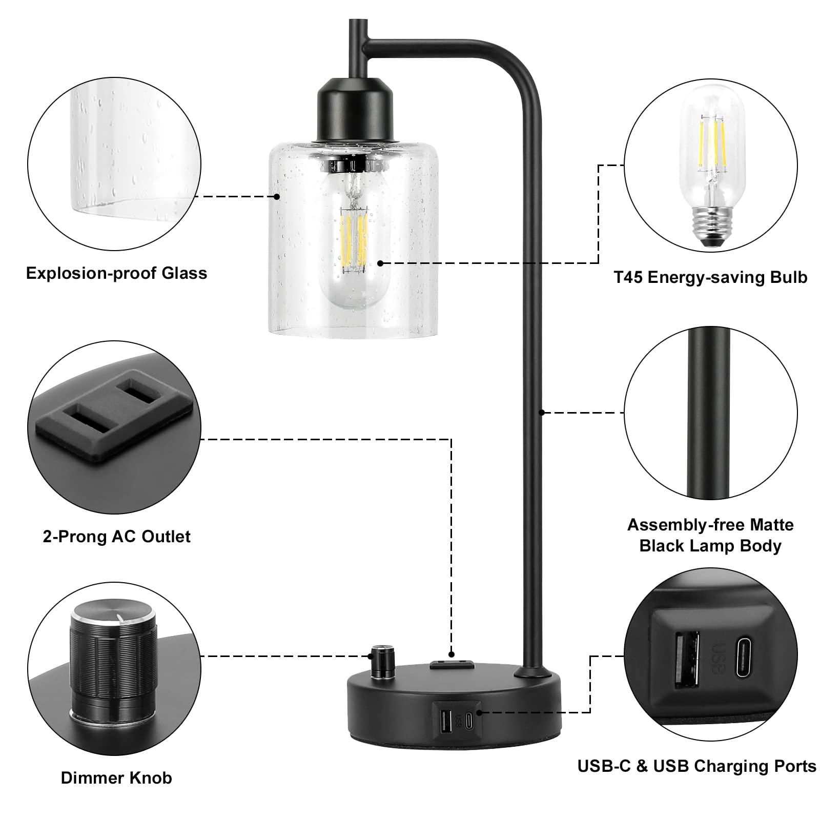 Industrial Table Lamps for Bedrooms Set of 2 - Fully Dimmable Bedside Lamps with USB A and C Ports and Outlet, Black Nightstand Lamps with Glass Shade for Living Room, Desk Lamps for Office Reading - Image 7