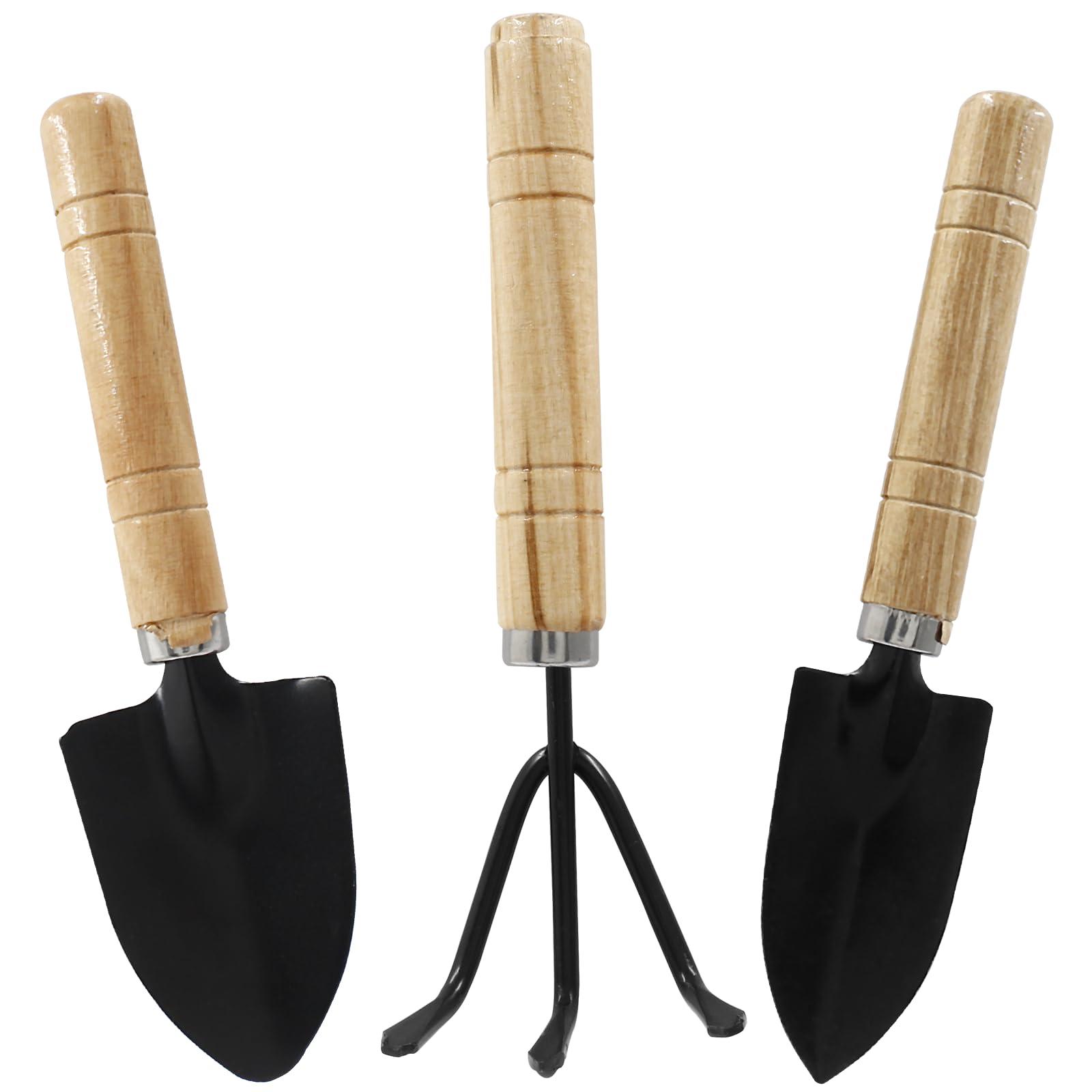Waziaqoc 3Pcs Mini Garden Tools, Small Indoor Gardening Tools Includes Hand Shovel, Transplant Spade, Hand Rake with Wood Non Slip Handle for Plant Succulent, Flower, Vegetables